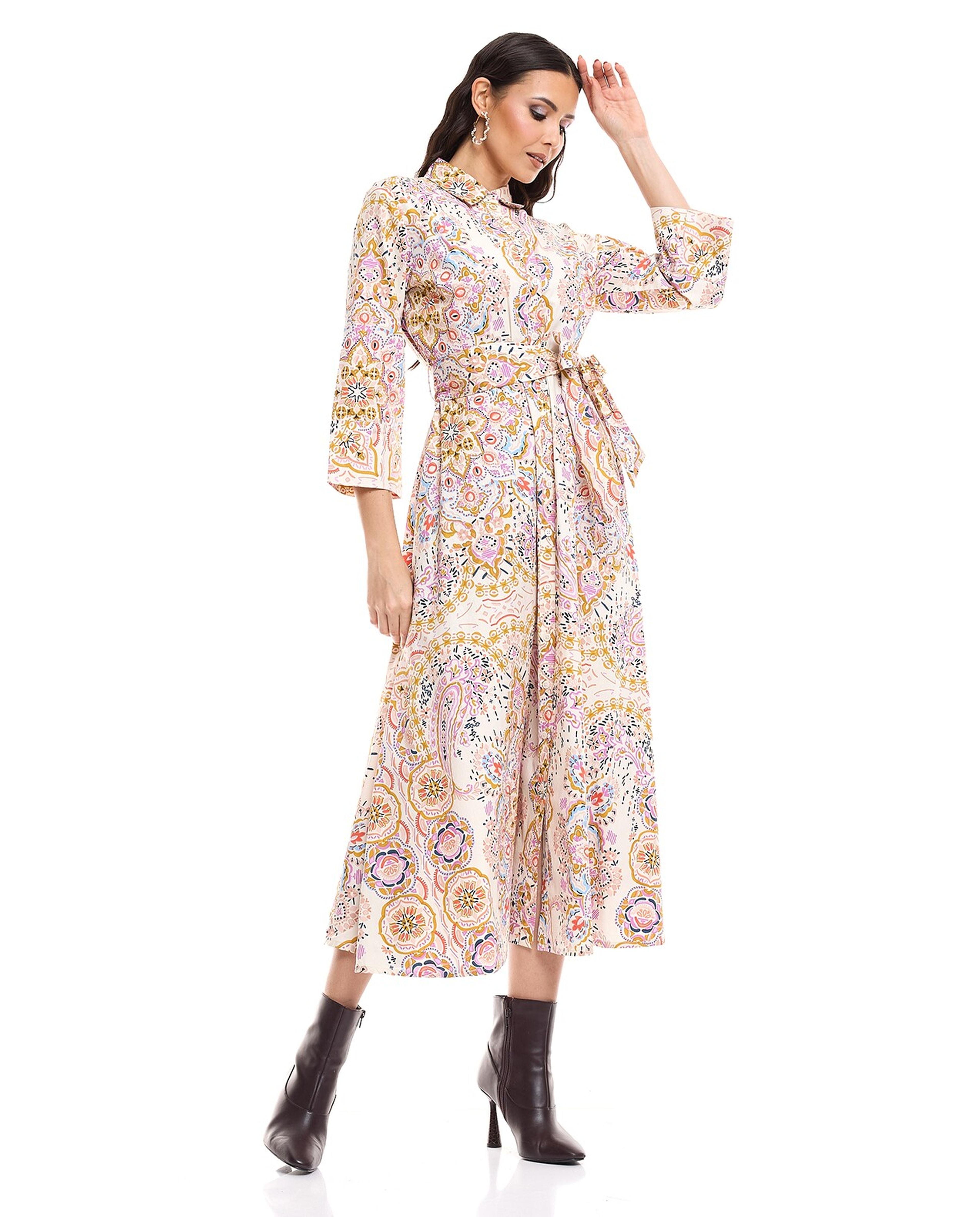 Patterned Shirt Dress with 3/4Th Sleeves