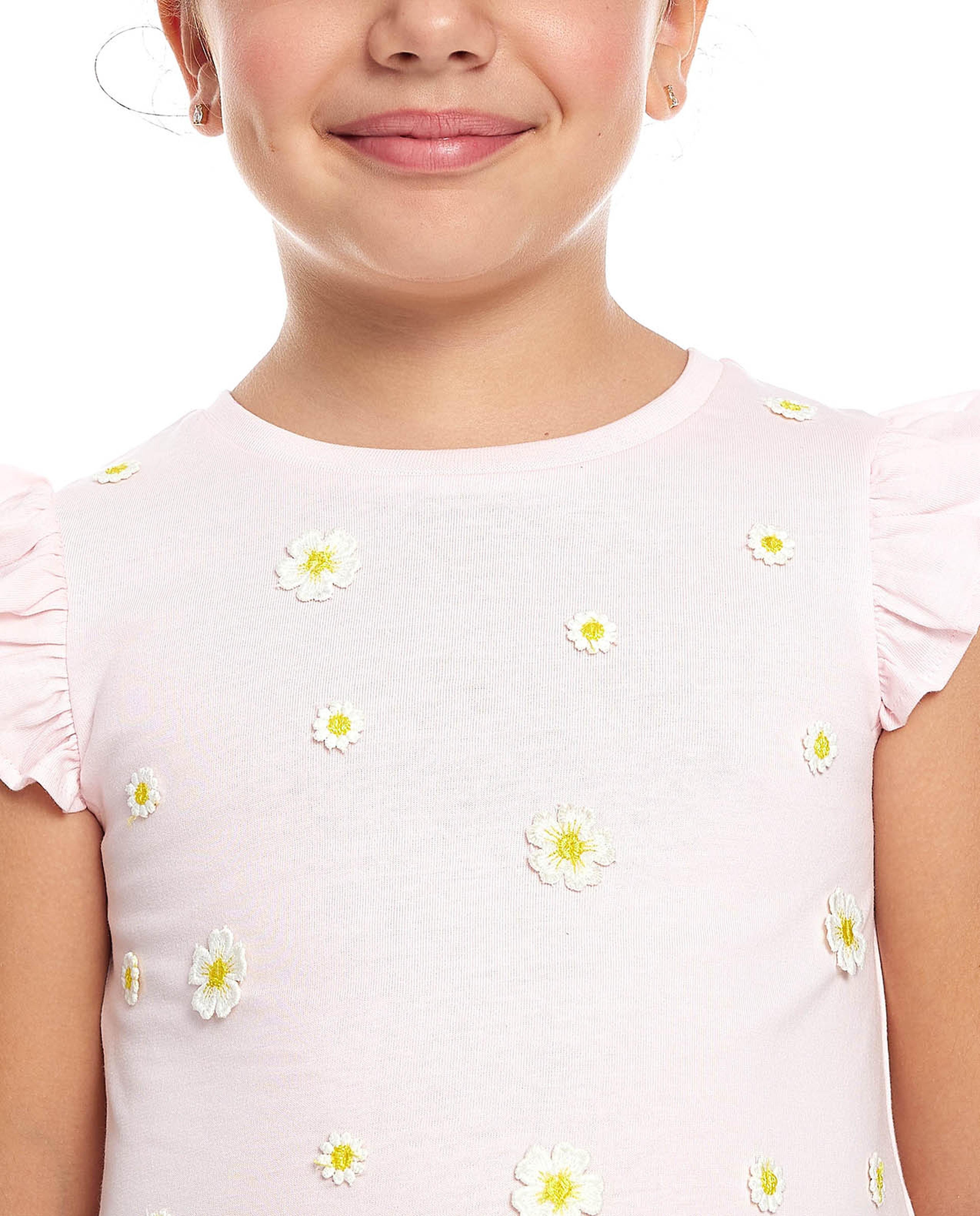 3D Flowers Top with Crew Neck and Flutter Sleeves