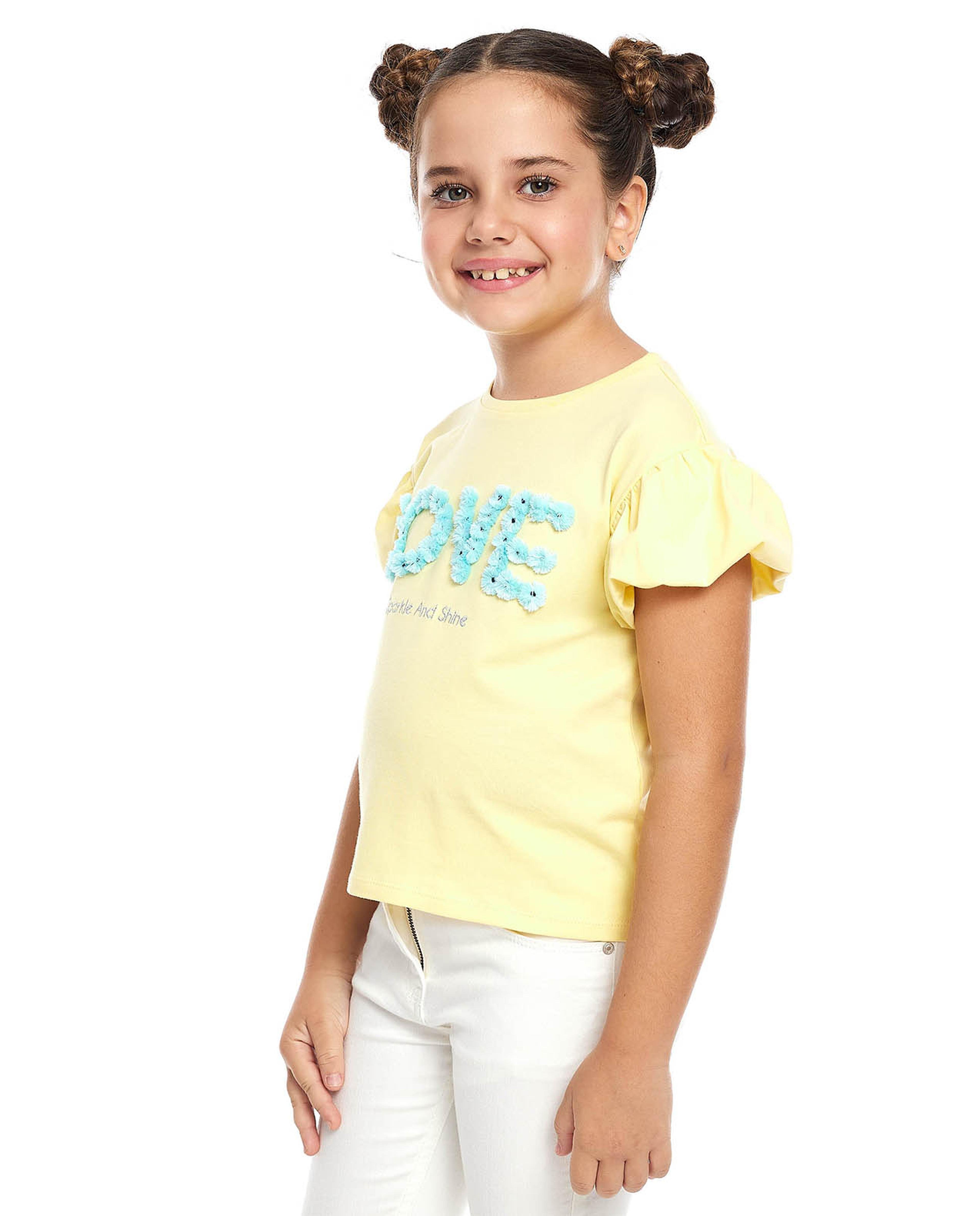3D Applique Top with Crew Neck and Puff Sleeves