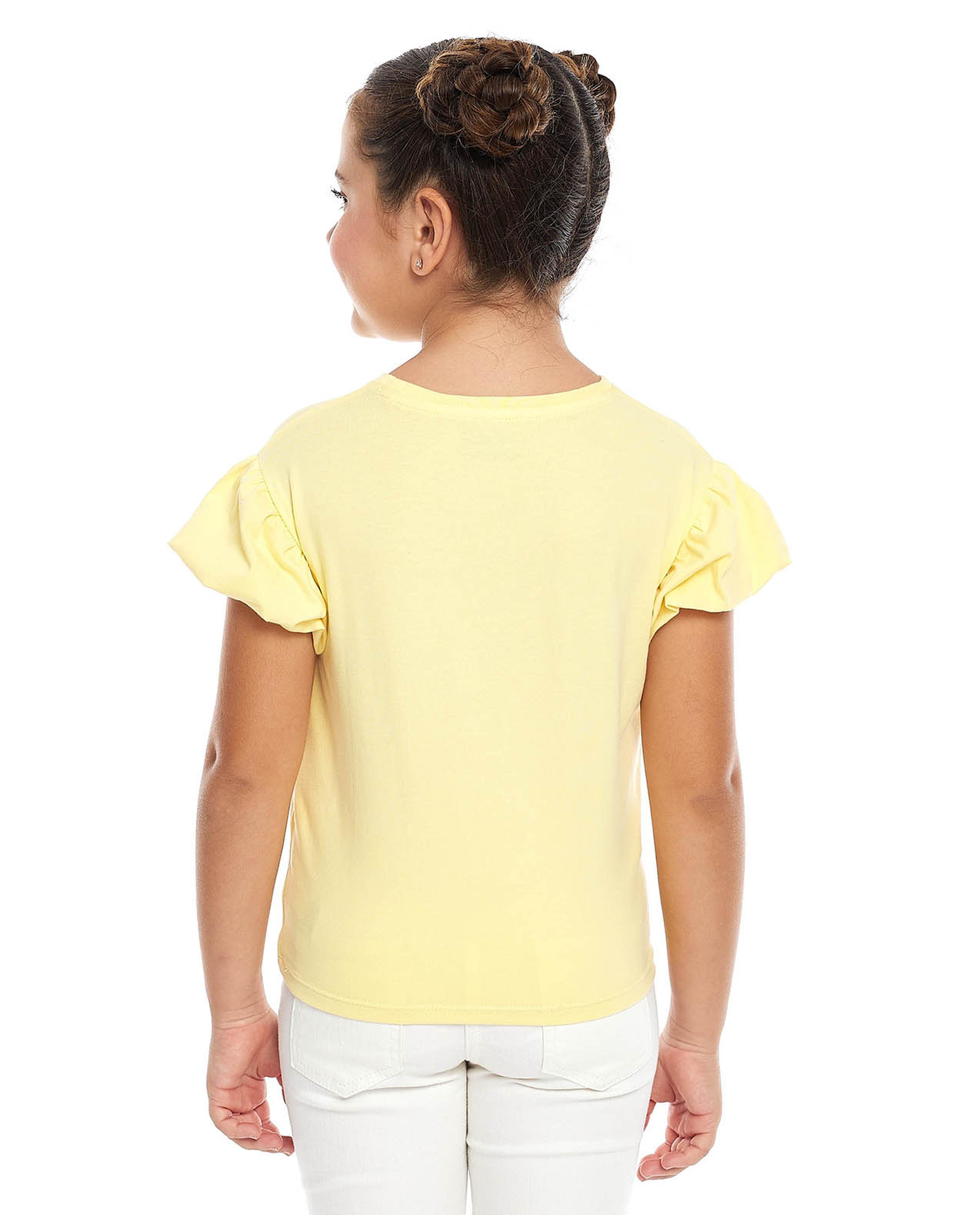 3D Applique Top with Crew Neck and Puff Sleeves