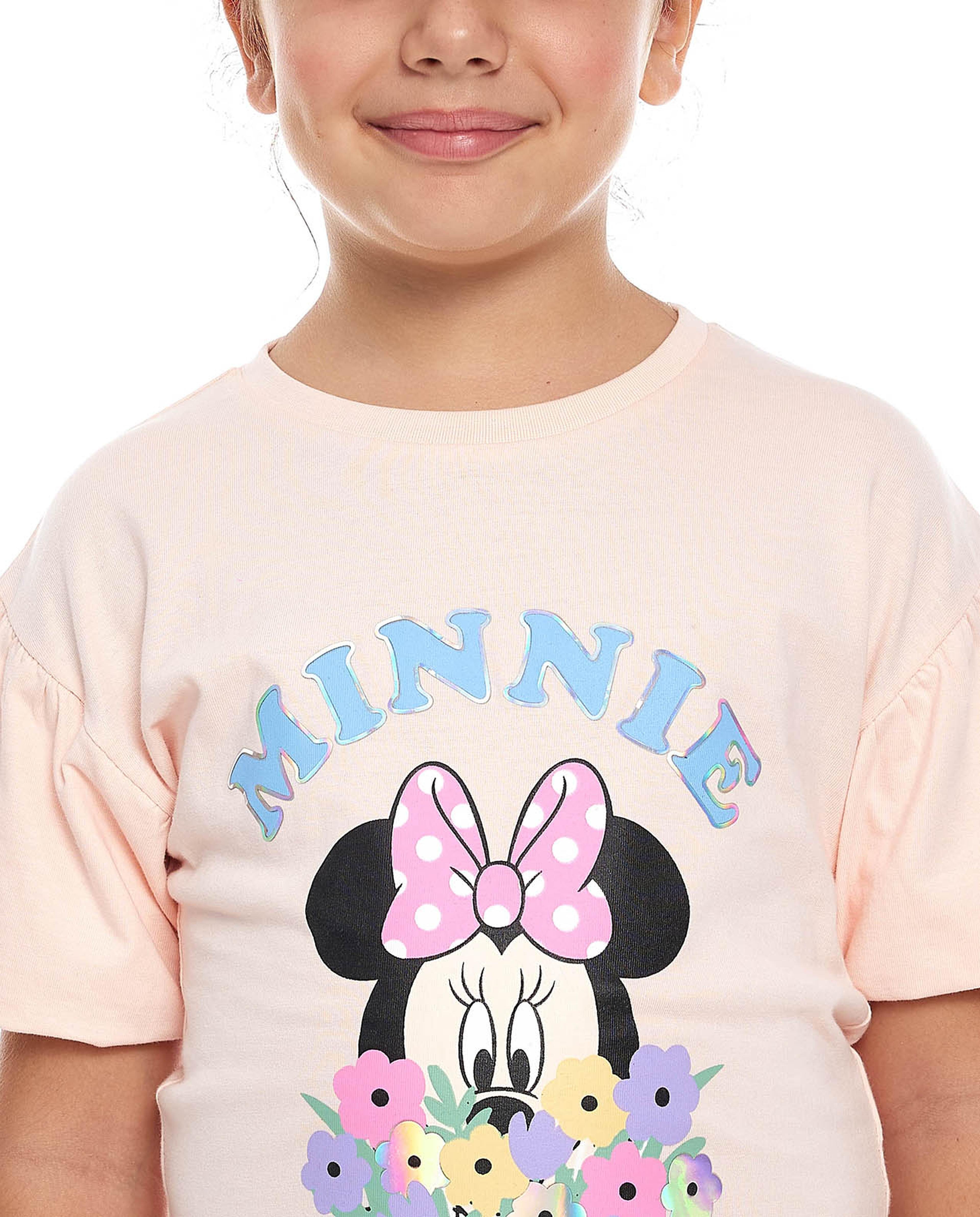 Minnie Mouse Printed Top with Crew Neck and Flutter Sleeves