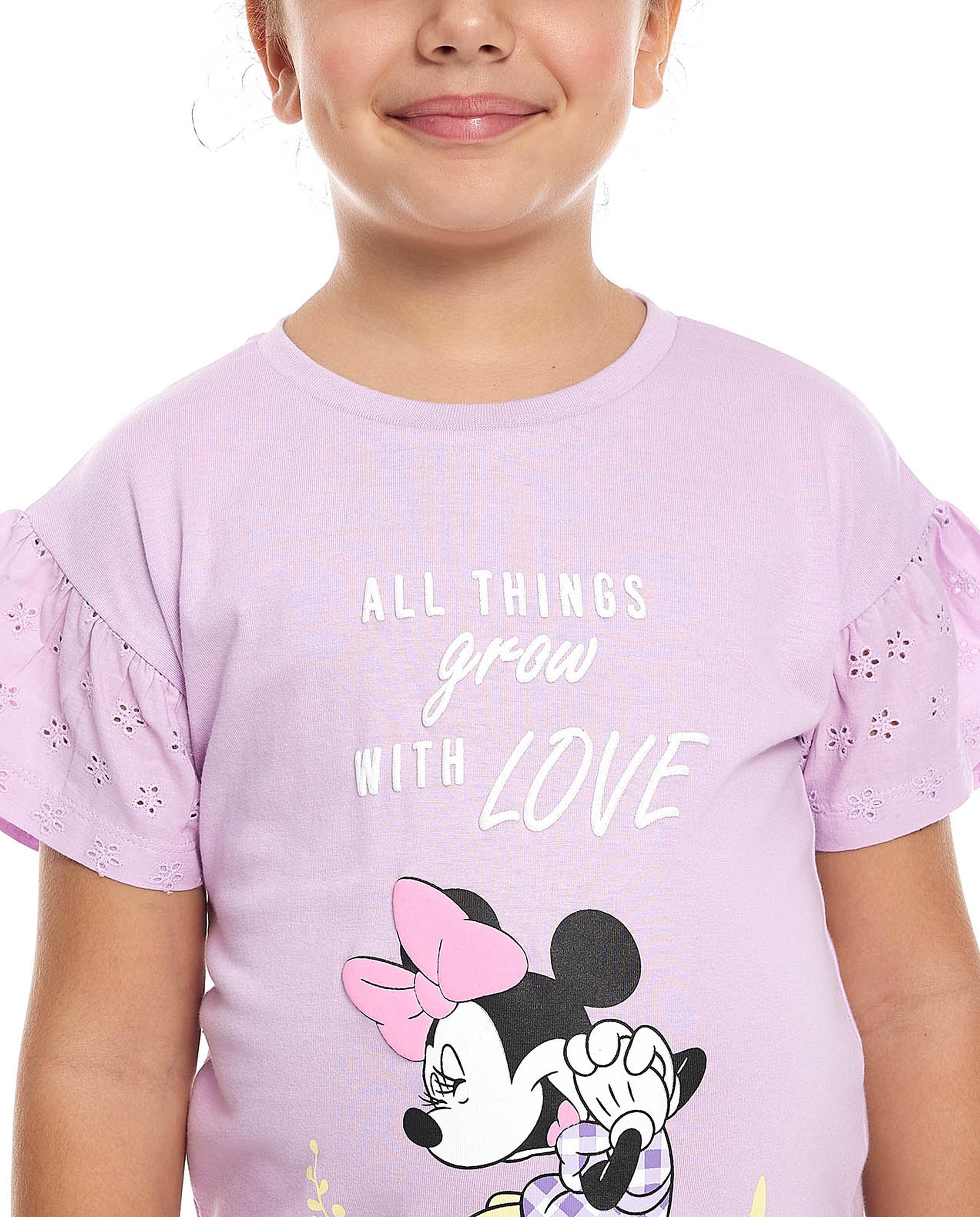 Minnie Mouse Printed Top with Crew Neck and Flutter Sleeves