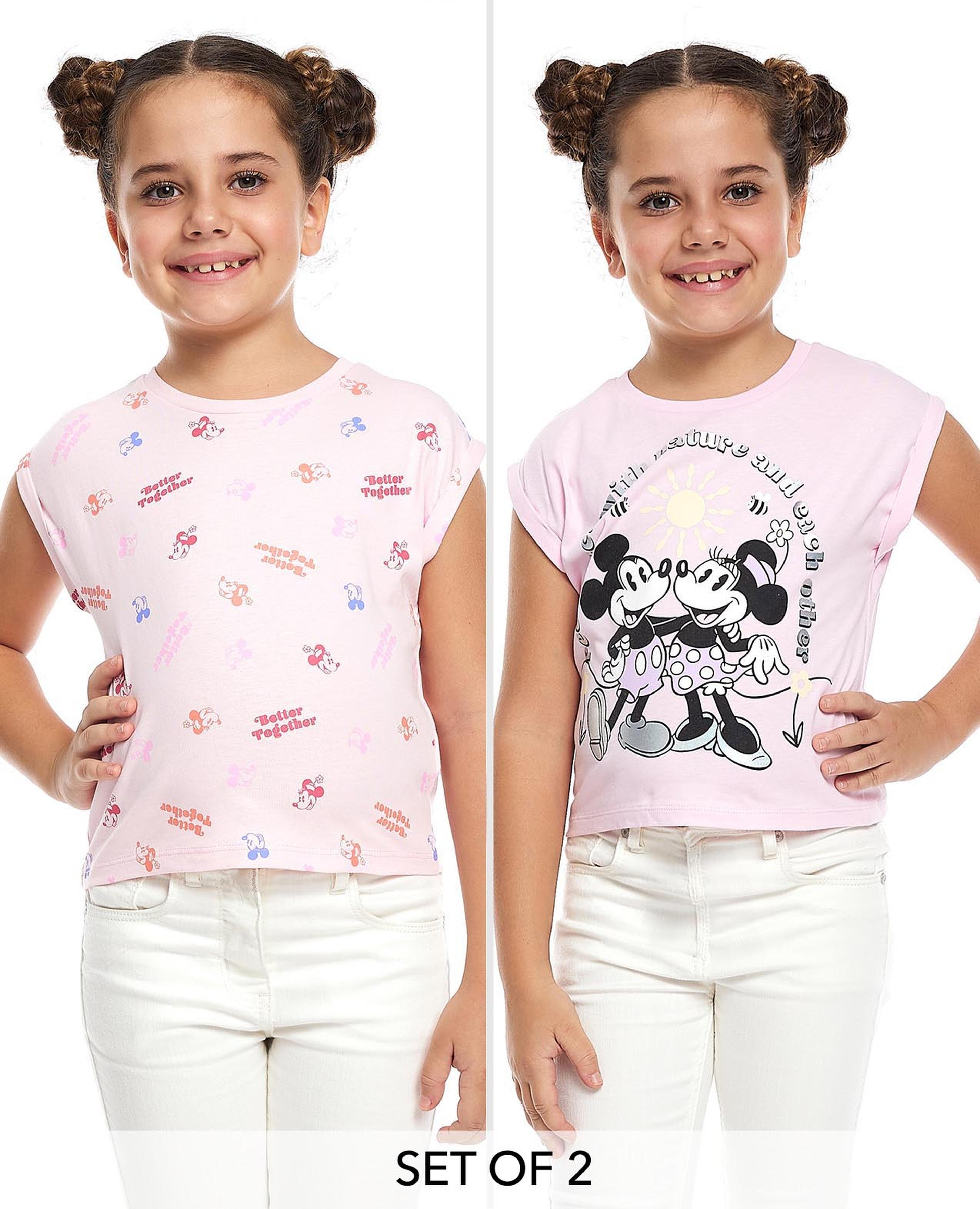 Mickey & Minnie Mouse Print T-Shirt with Crew Neck and Short Sleeves