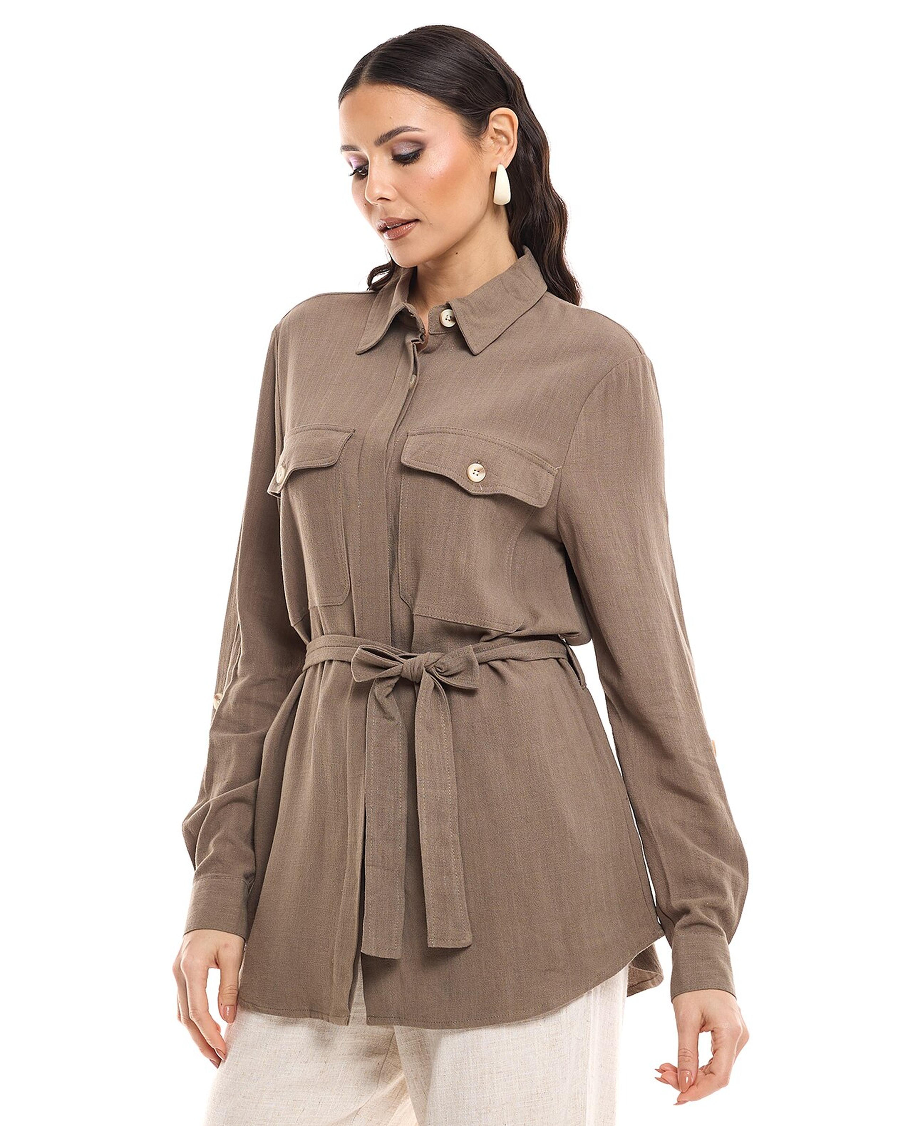 Solid Shirt Tunic with Long Sleeves and Waist Belt