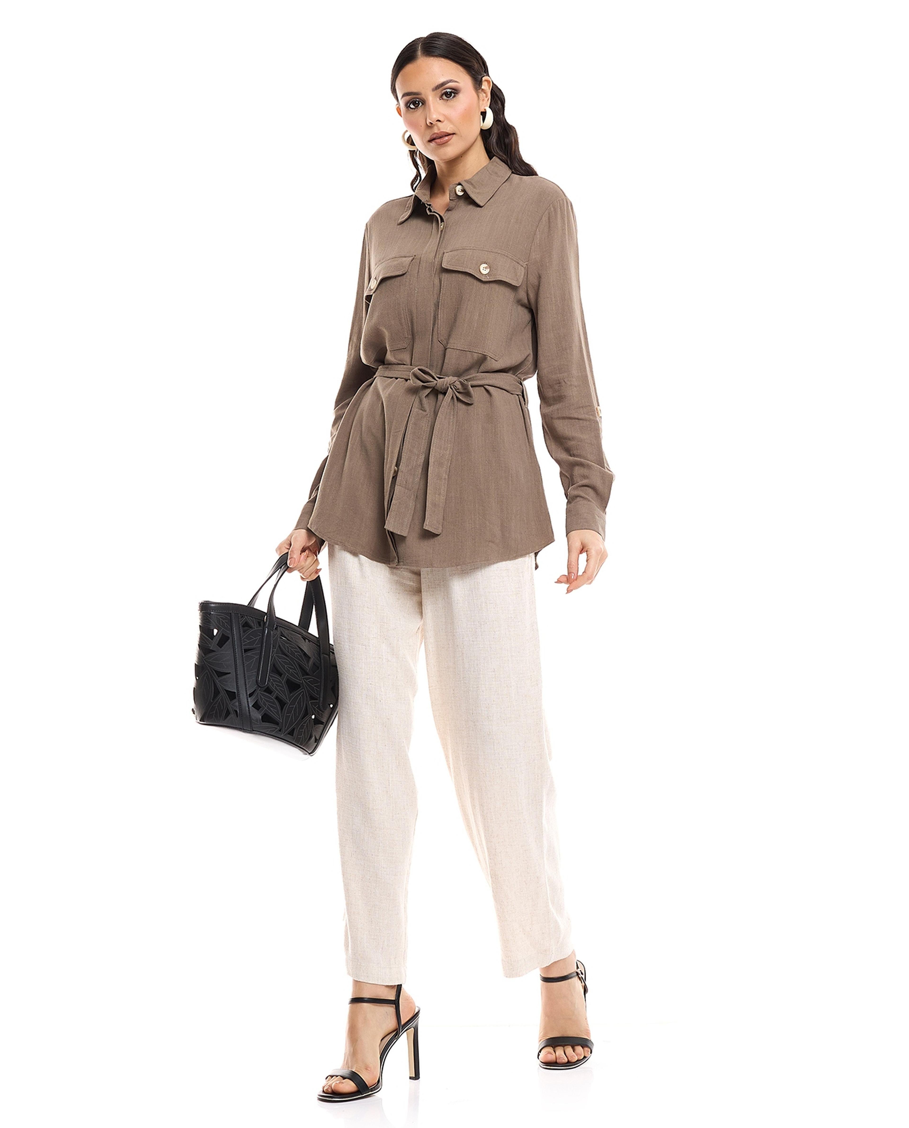Solid Shirt Tunic with Long Sleeves and Waist Belt