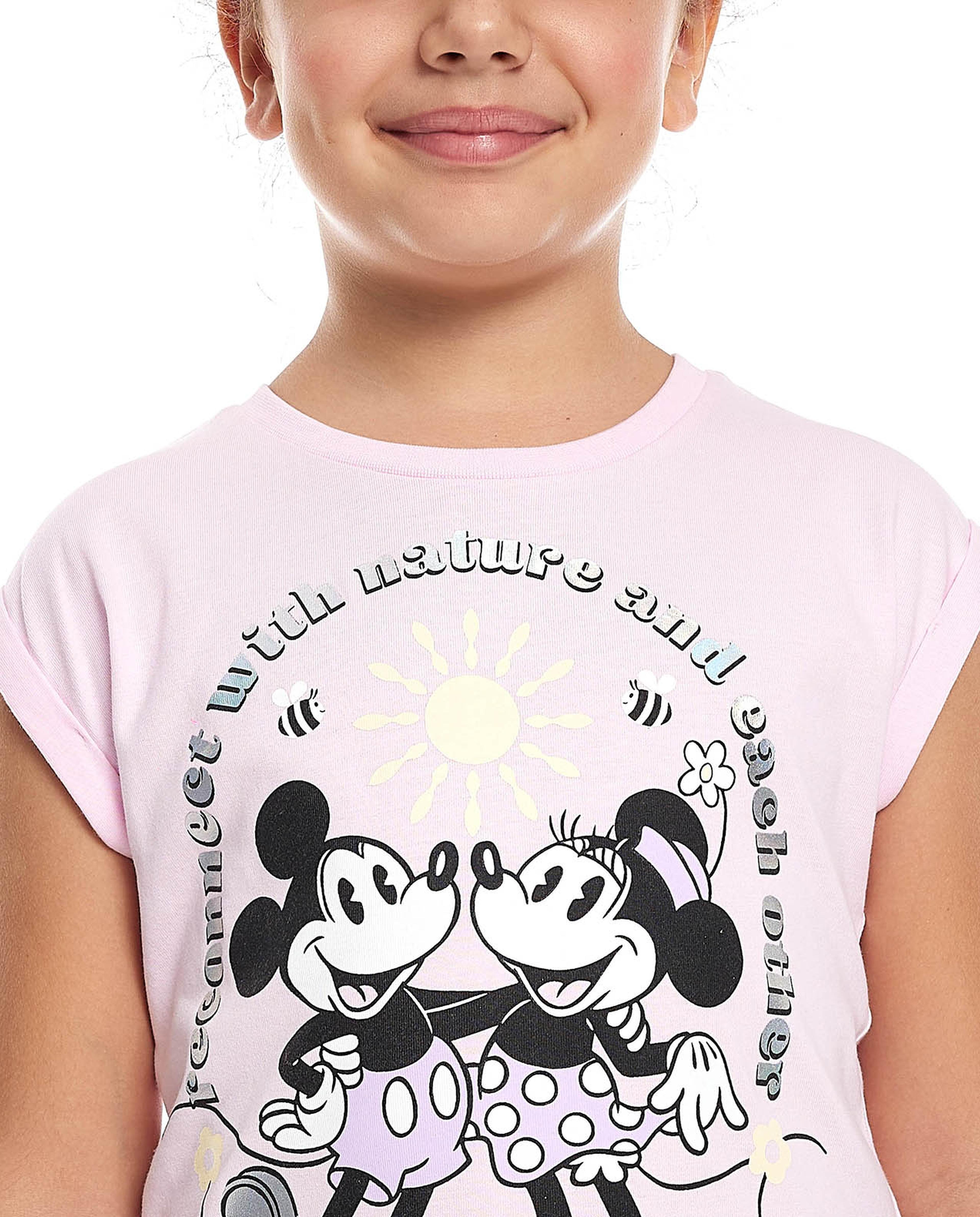 Mickey & Minnie Mouse Print T-Shirt with Crew Neck and Short Sleeves