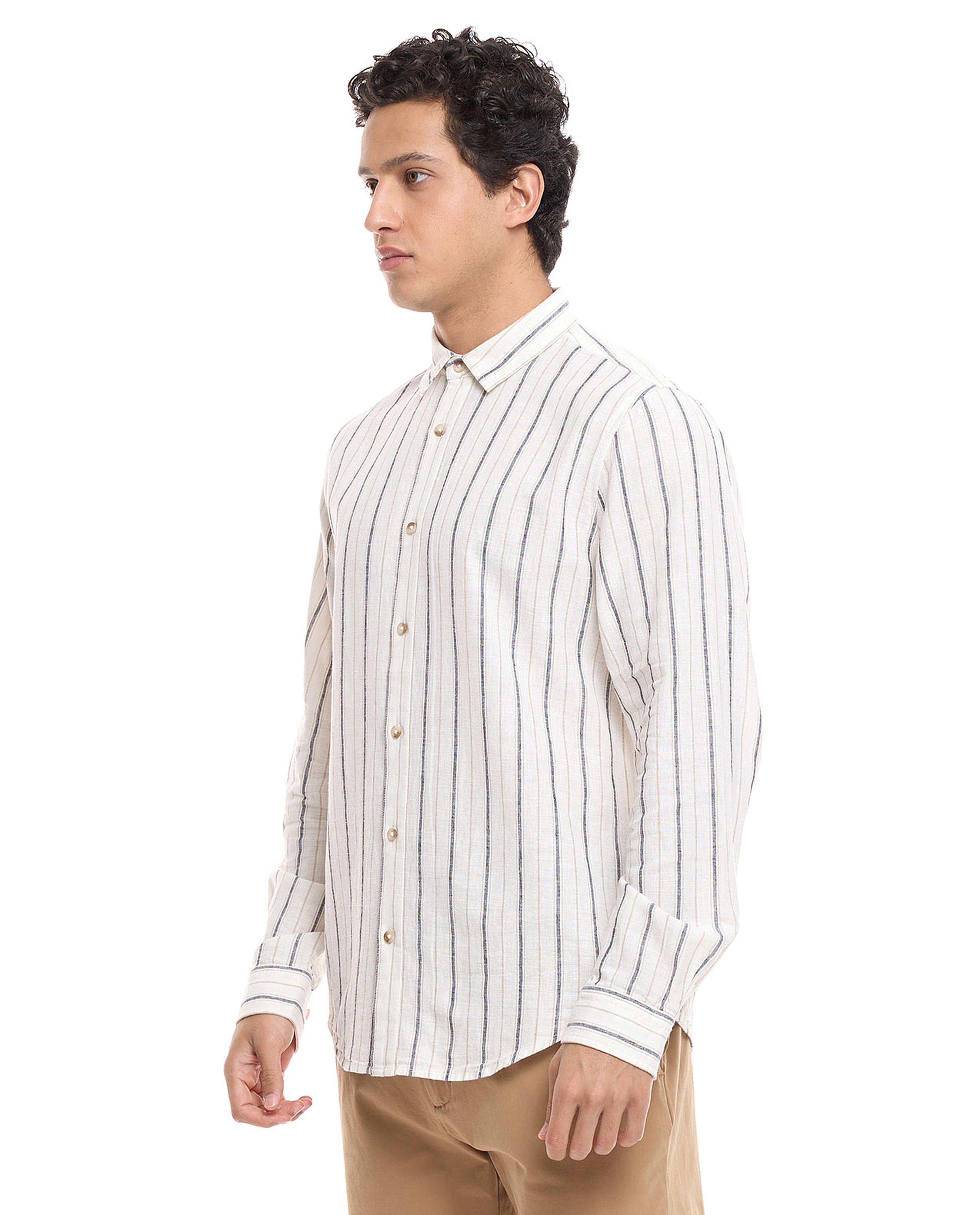Striped Shirt with Spread Collar and Long Sleeves