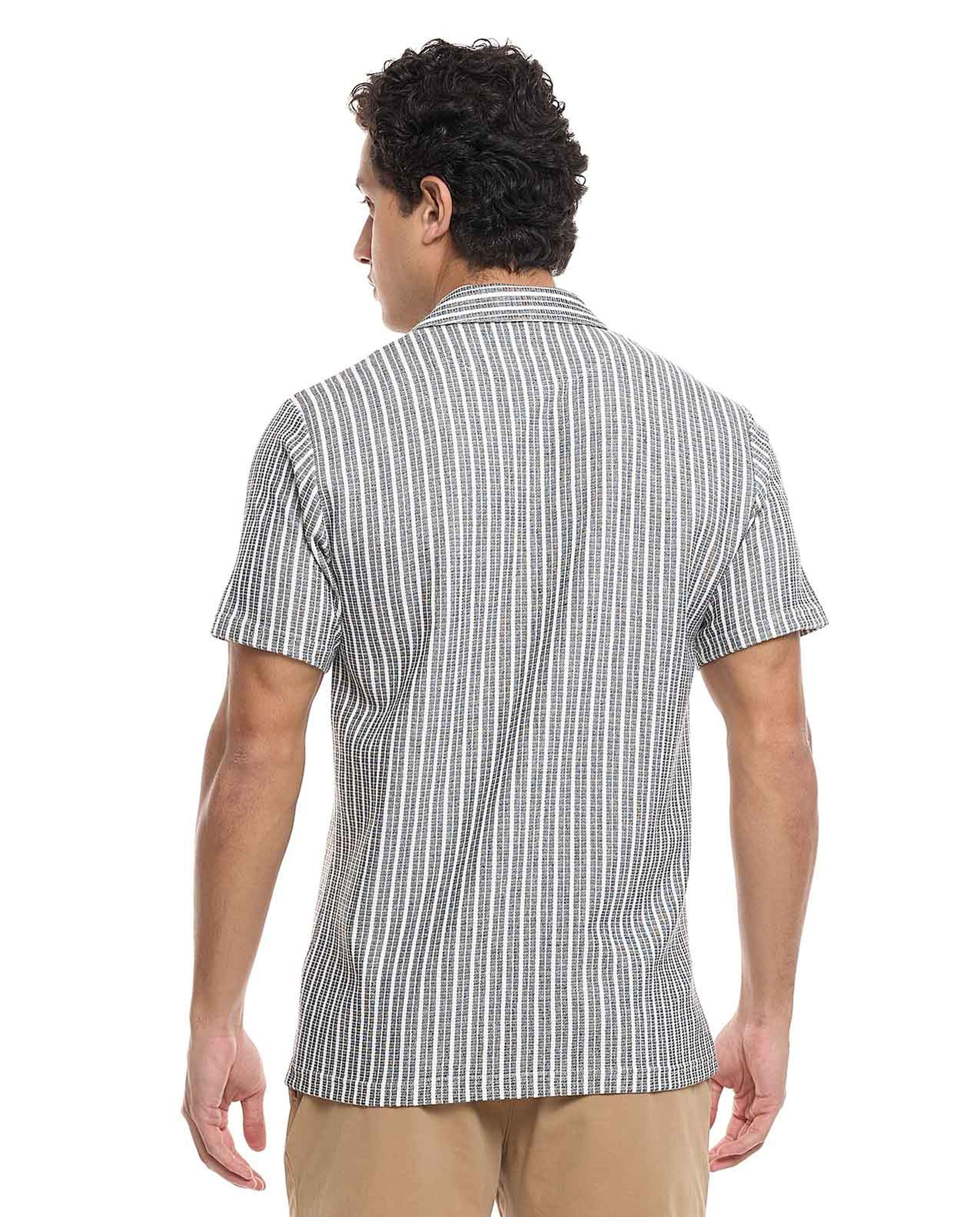 Striped Shirt with Revere Collar and Short Sleeves
