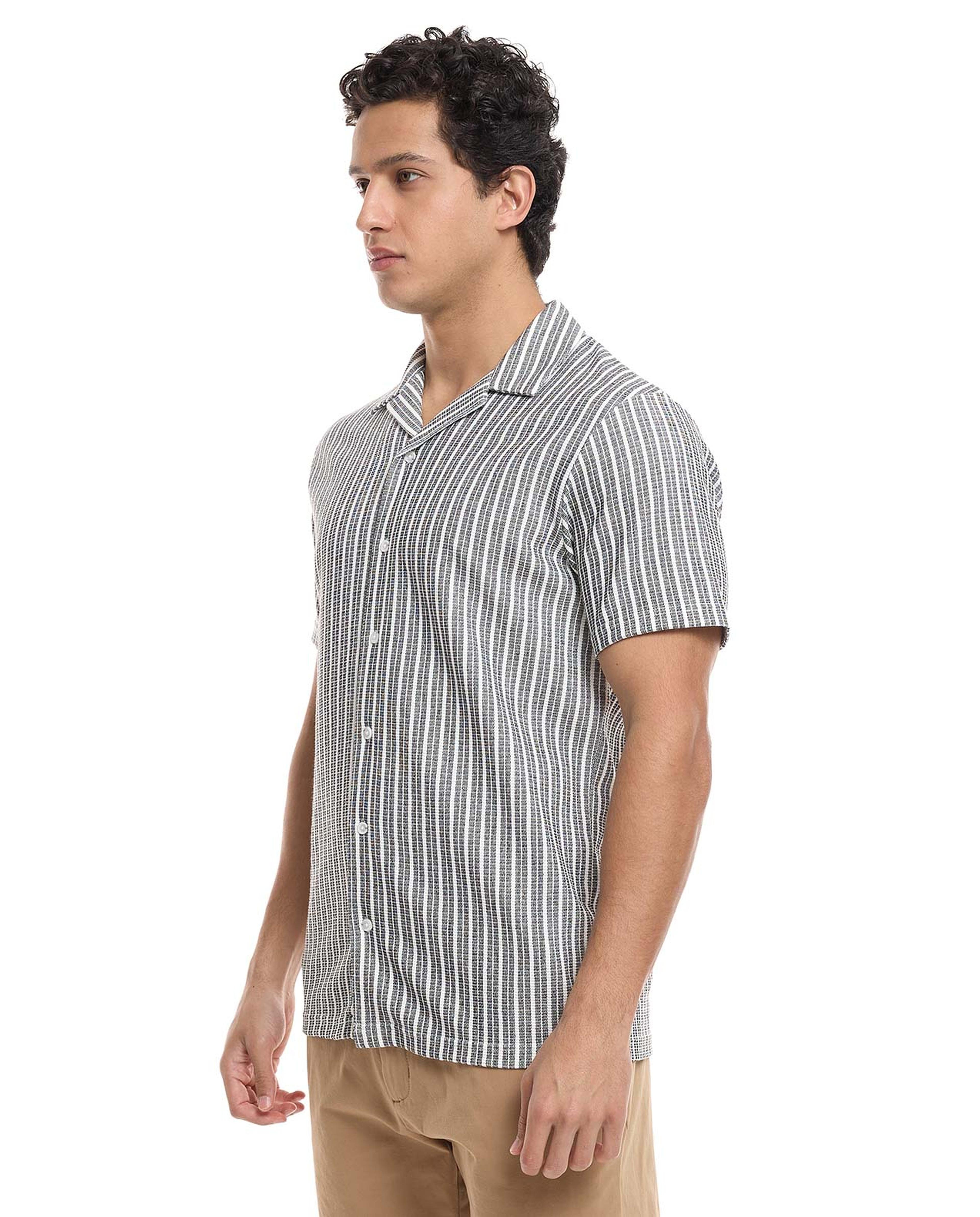 Striped Shirt with Revere Collar and Short Sleeves