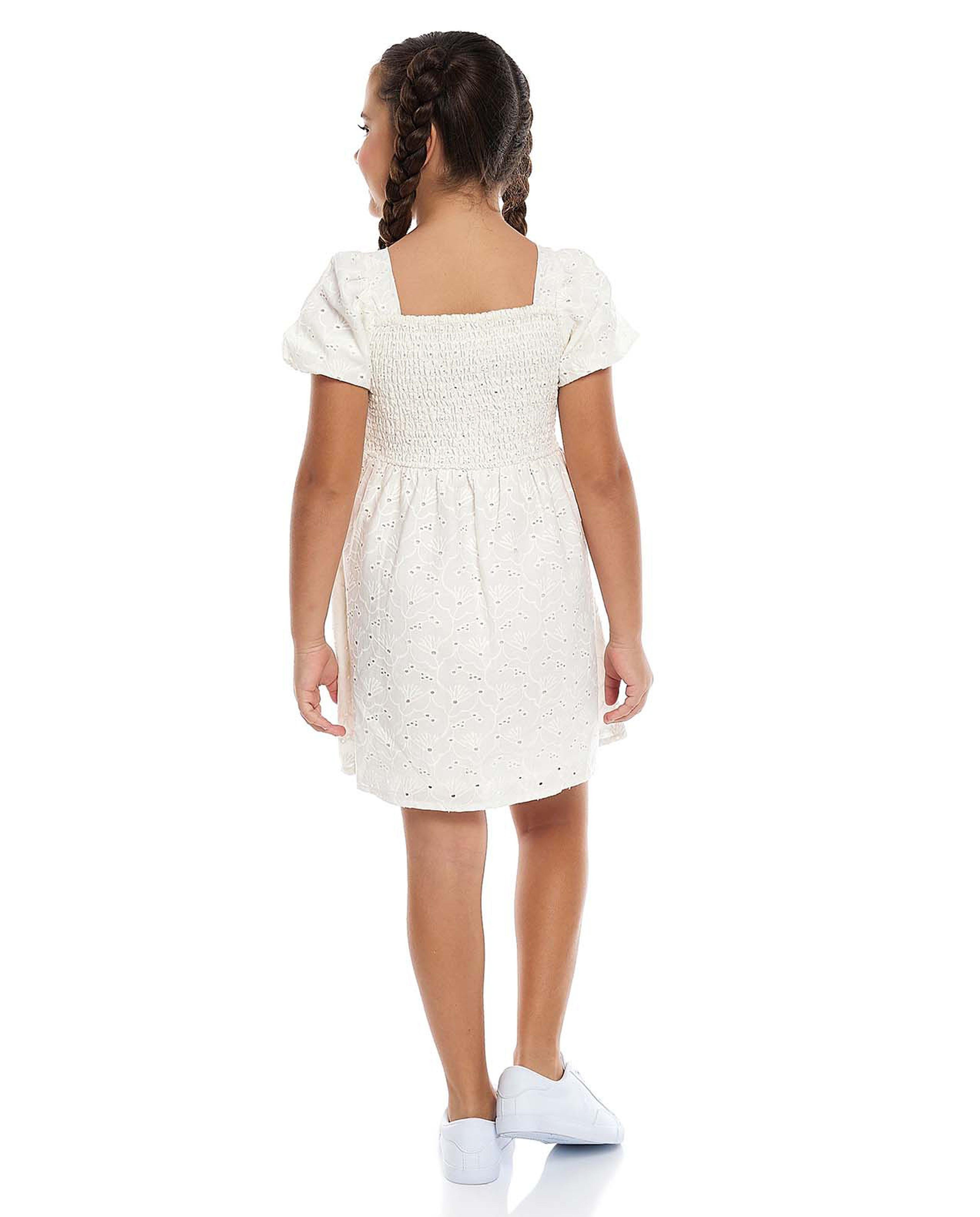Schiffli Fit and Flare Dress with Square Neck and Puff Sleeves
