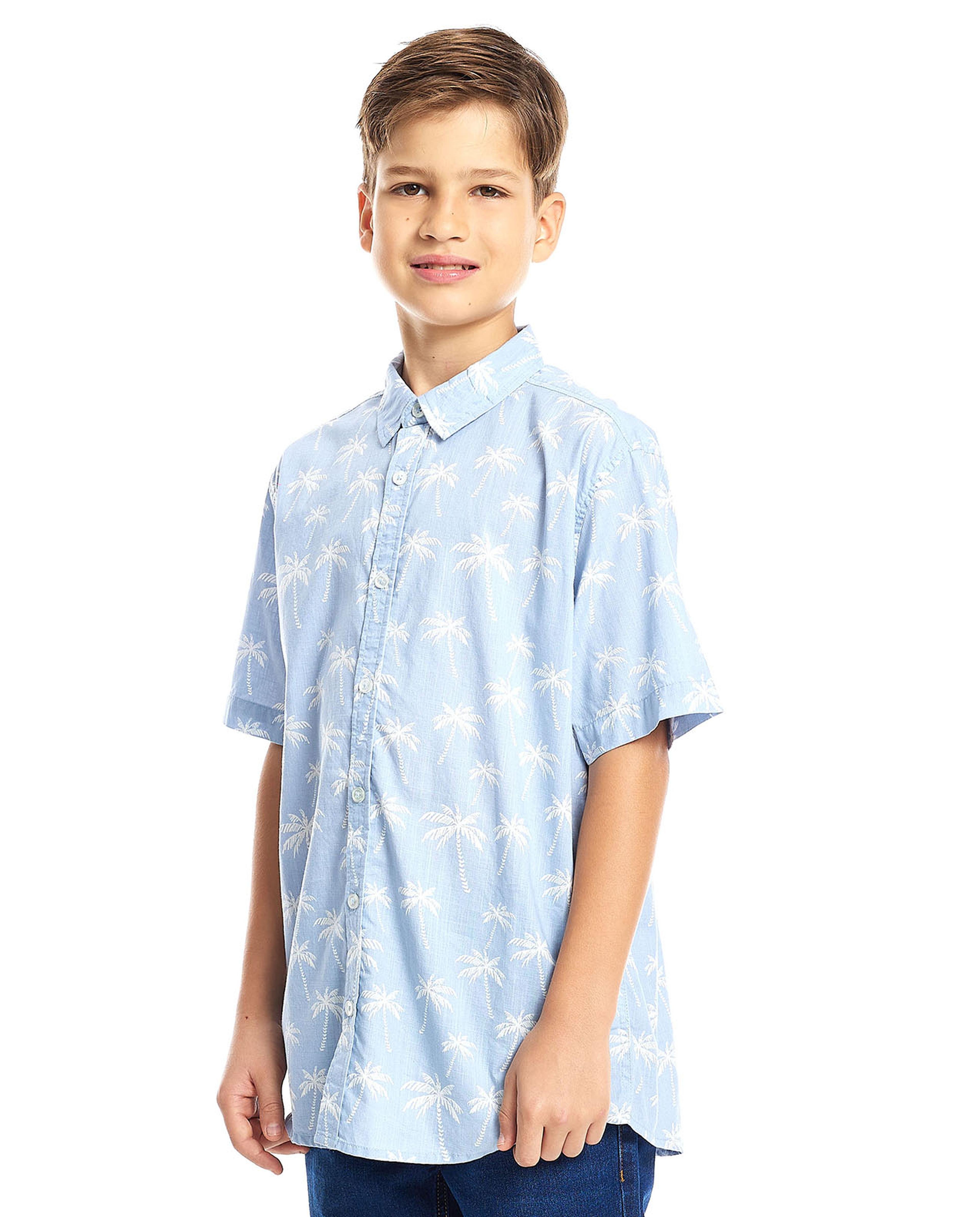 Printed Shirt with Spread Collar and Short Sleeves