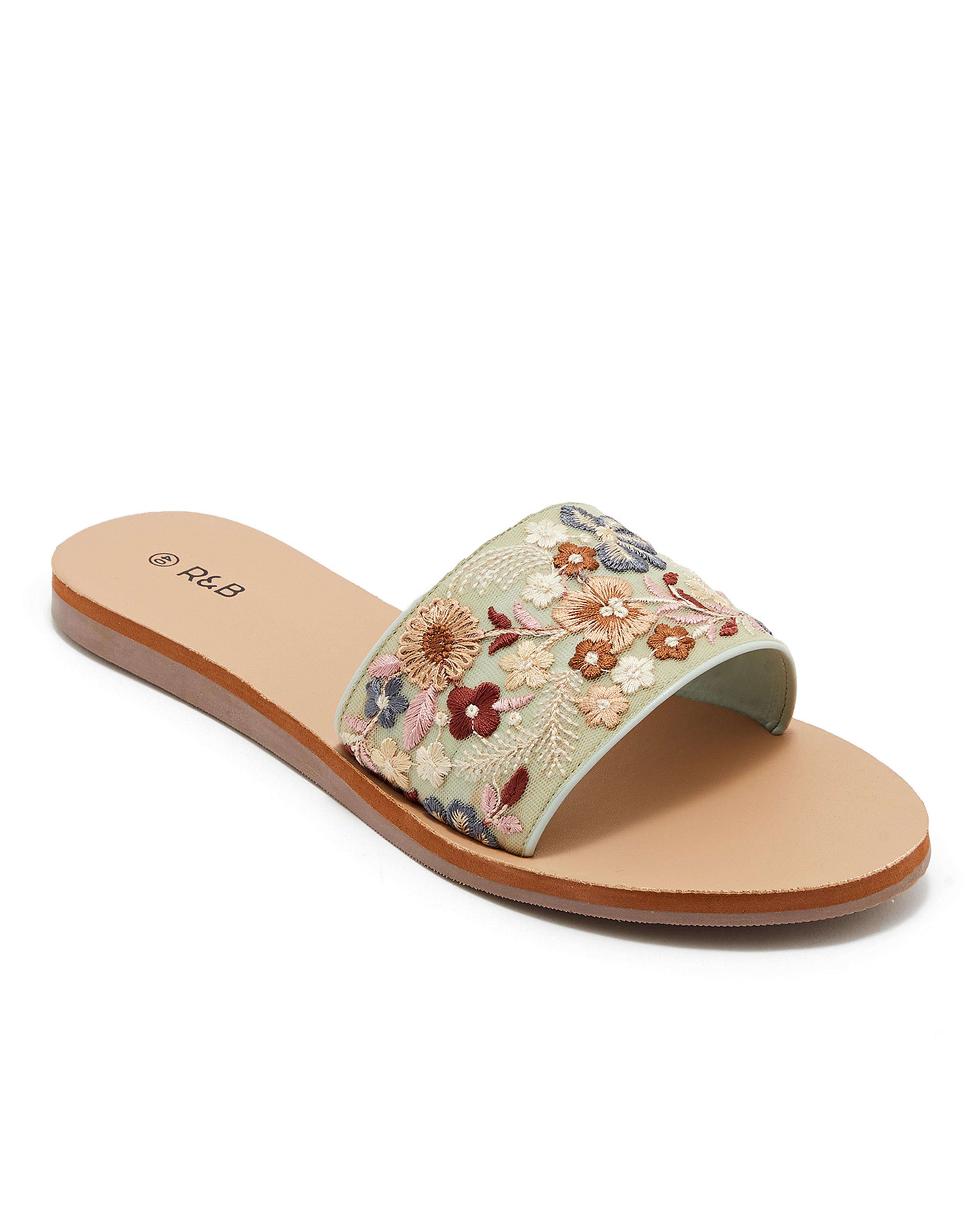 Embroidered Slide Flat Sandals