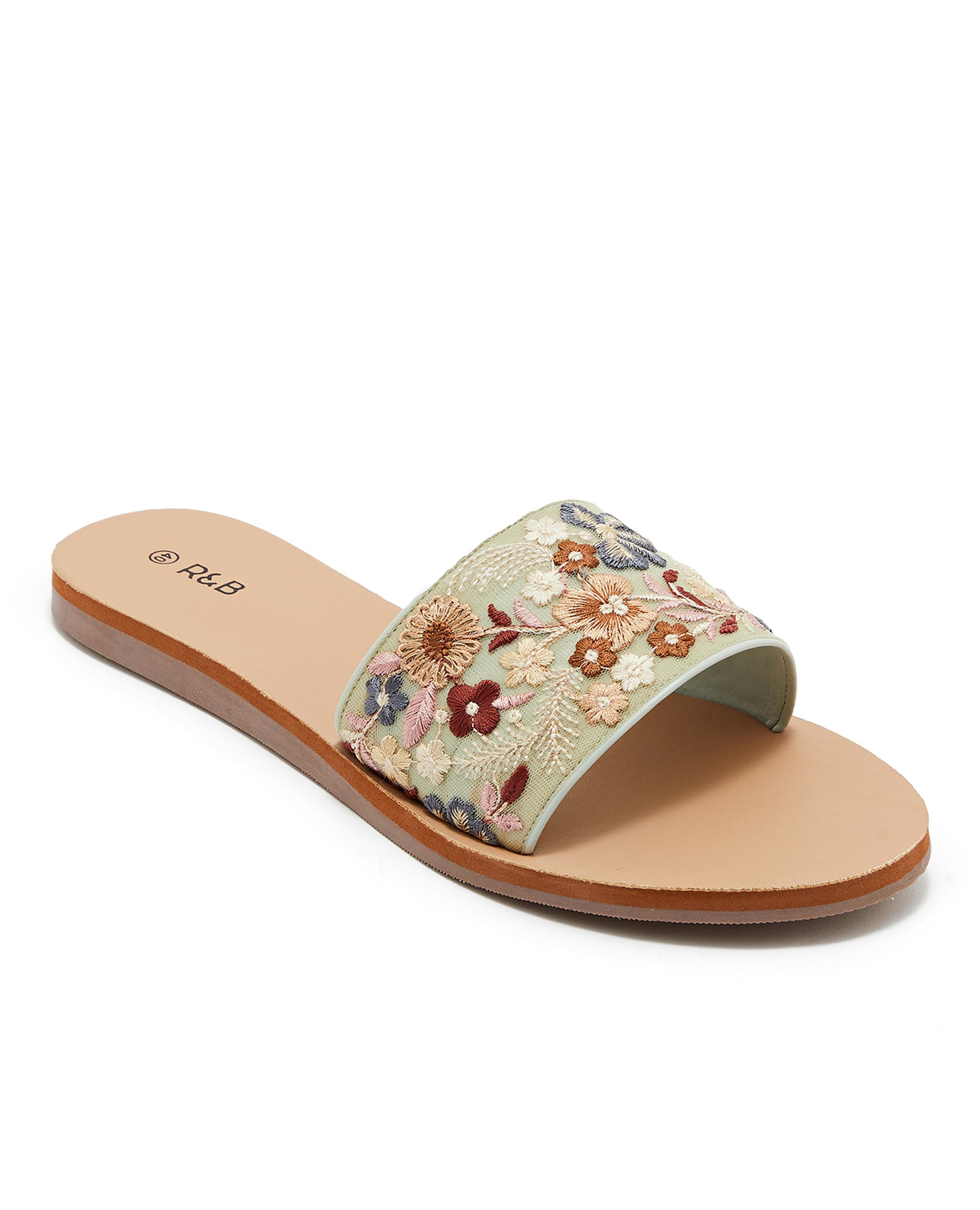 Embroidered Slide Flat Sandals