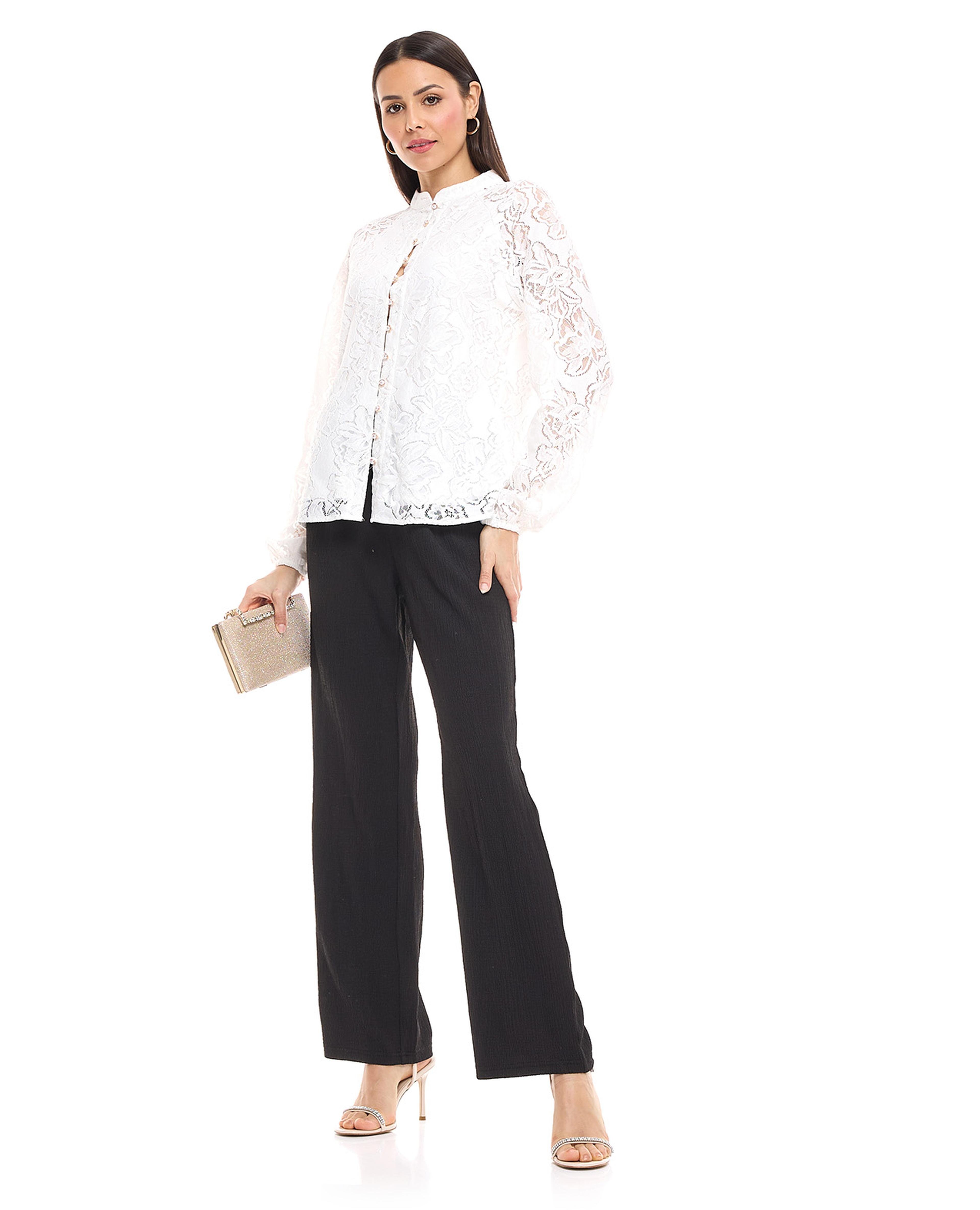 Crinkled Wide Leg Trousers with Elastic Waist