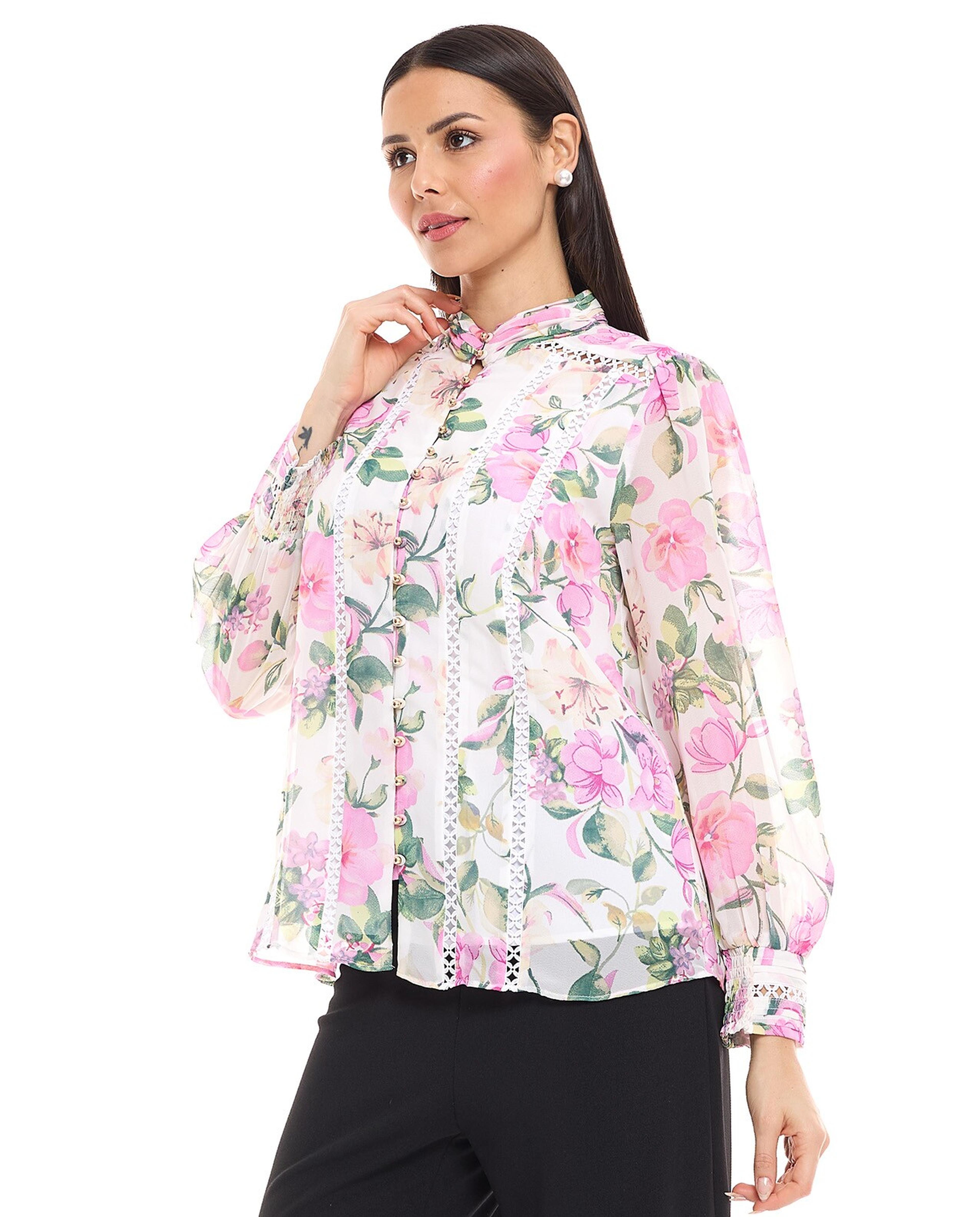 Floral Print Top with High Neck and Bishop Sleeves