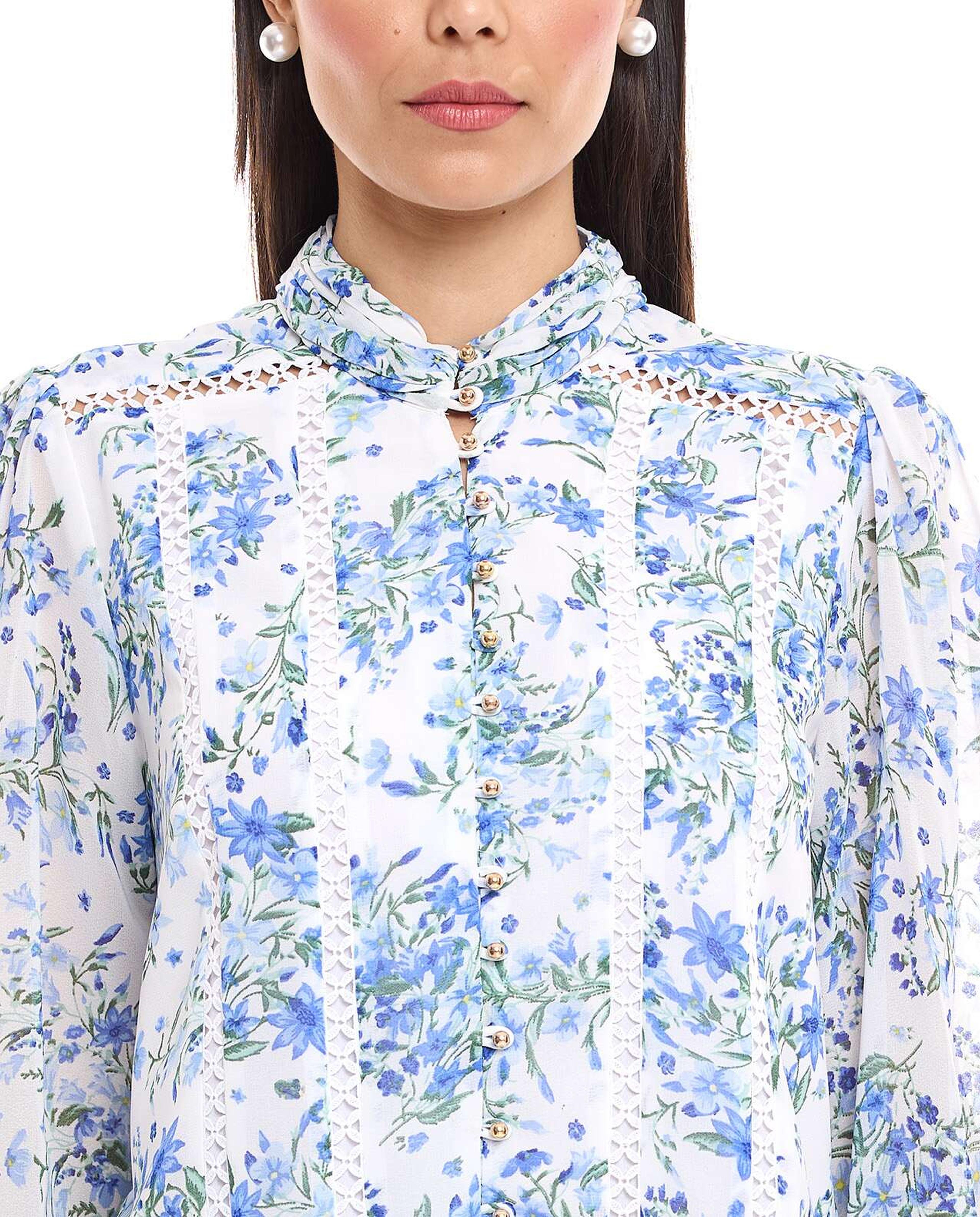 Floral Print Top with High Neck and Bishop Sleeves