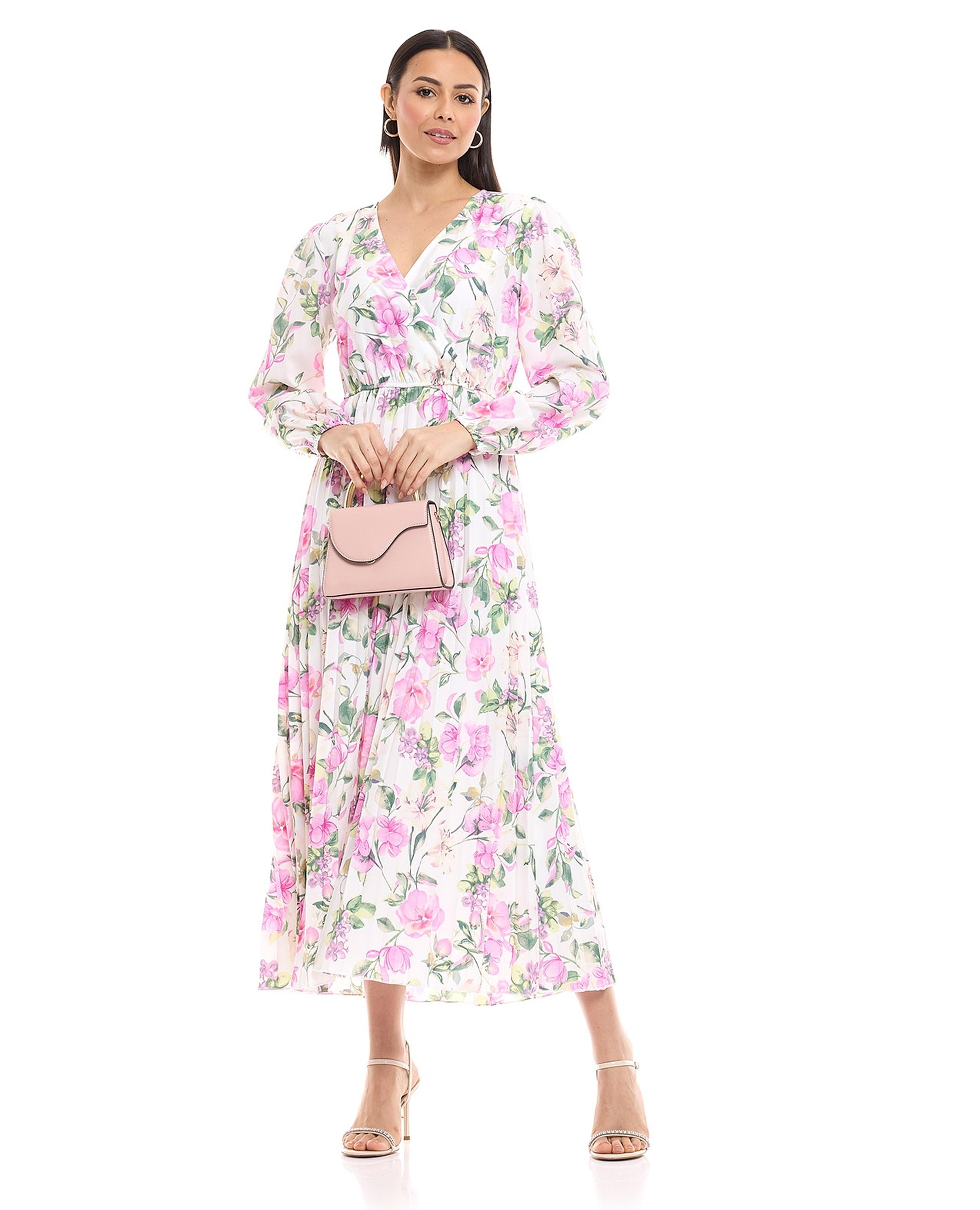 Floral Print Midi Dress with V-Neck and Puff Sleeves
