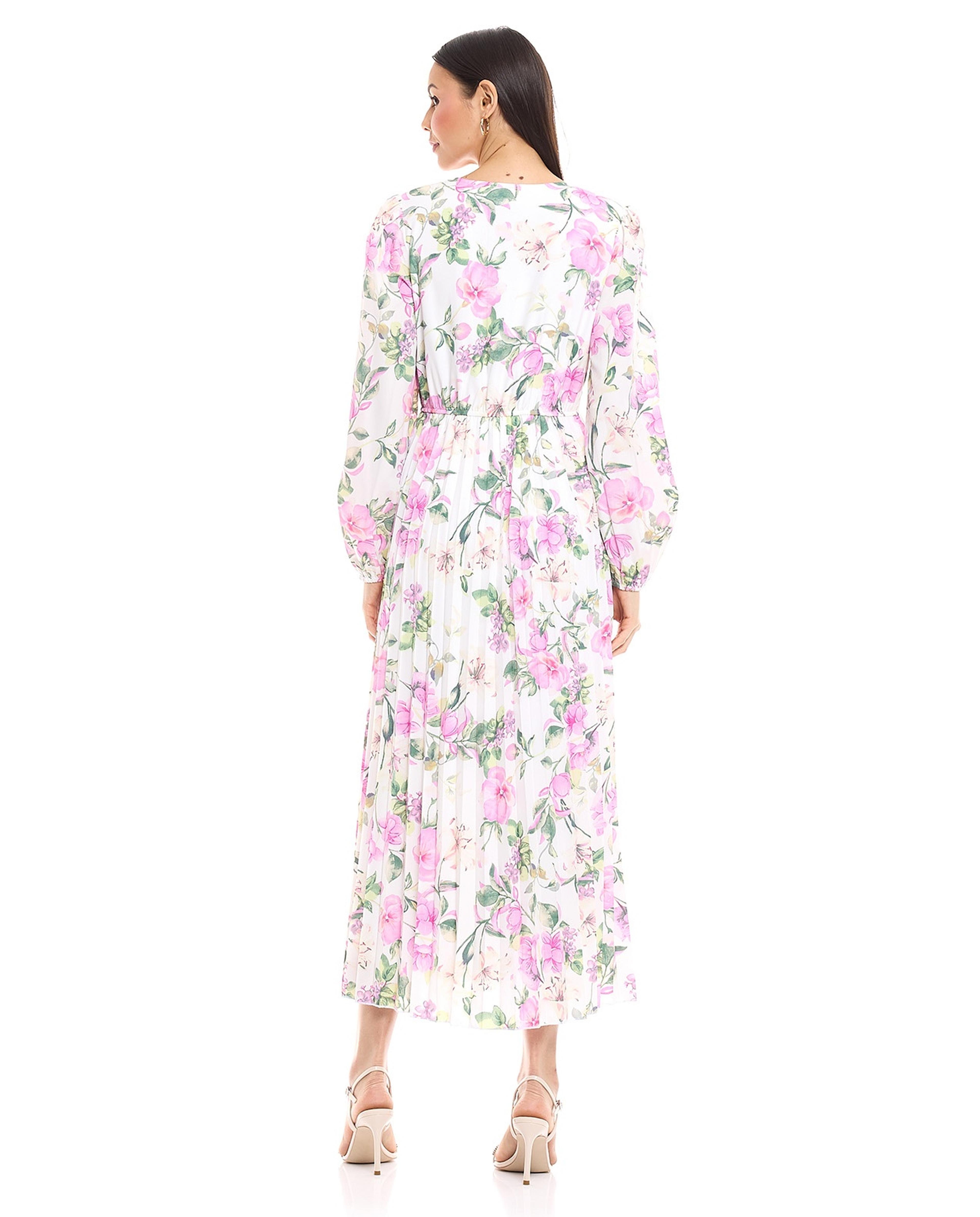 Floral Print Midi Dress with V-Neck and Puff Sleeves