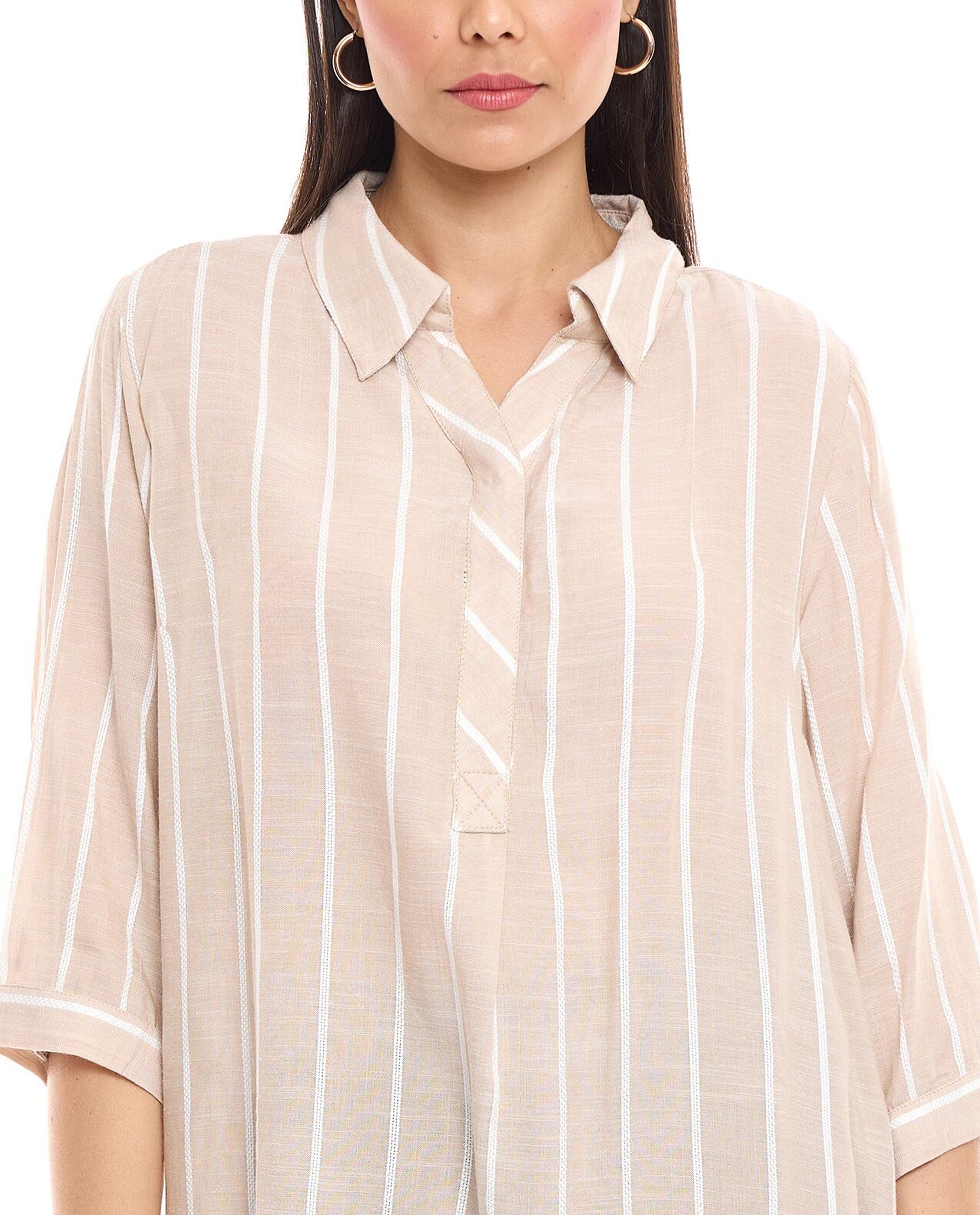 Striped High-Low Shirt with Spread Collar and 3/4 Sleeves