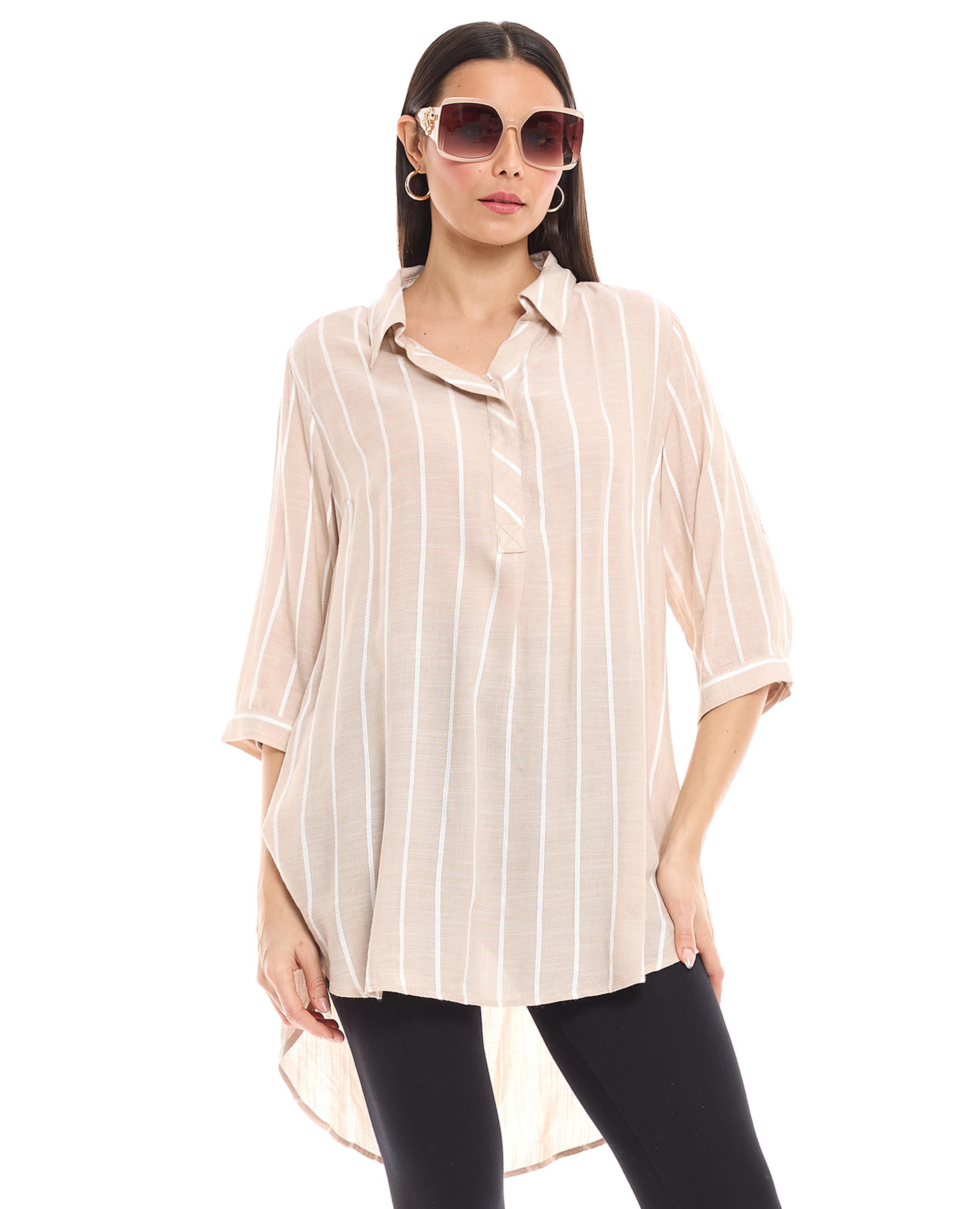 Striped High-Low Shirt with Spread Collar and 3/4 Sleeves