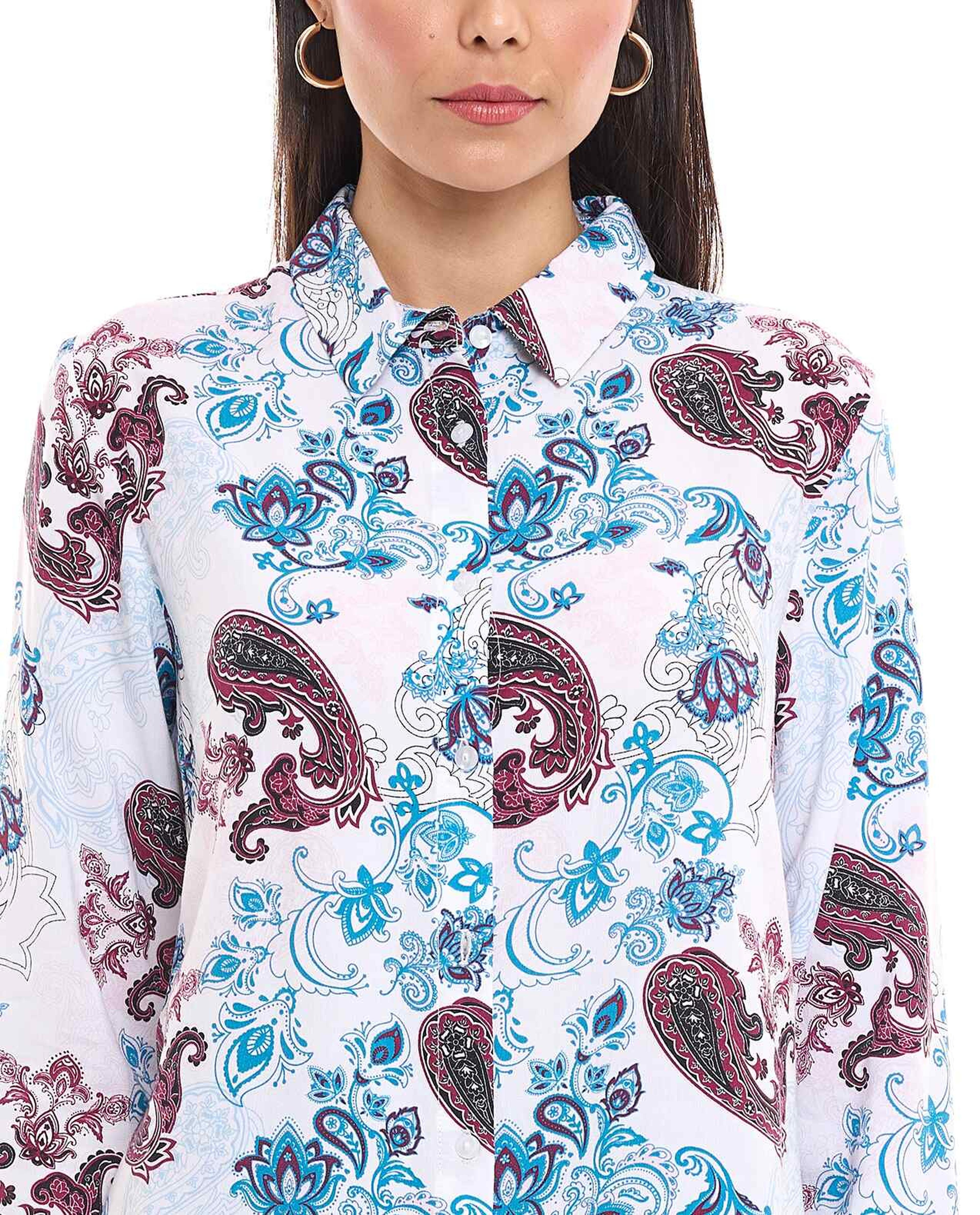 Paisley Print Tunic with Shirt Collar and Long Sleeves