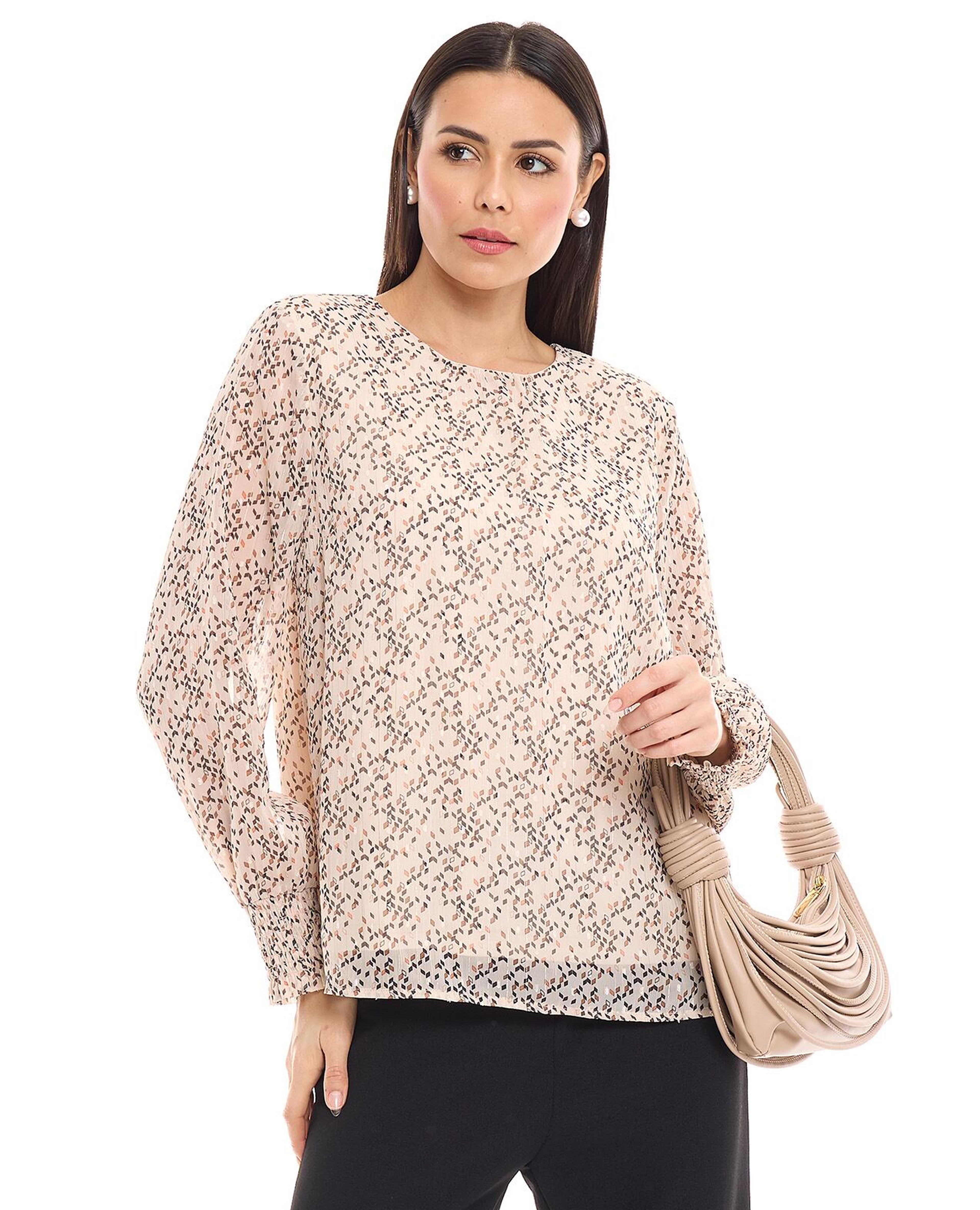 Printed Top with Crew Neck and Long Sleeves