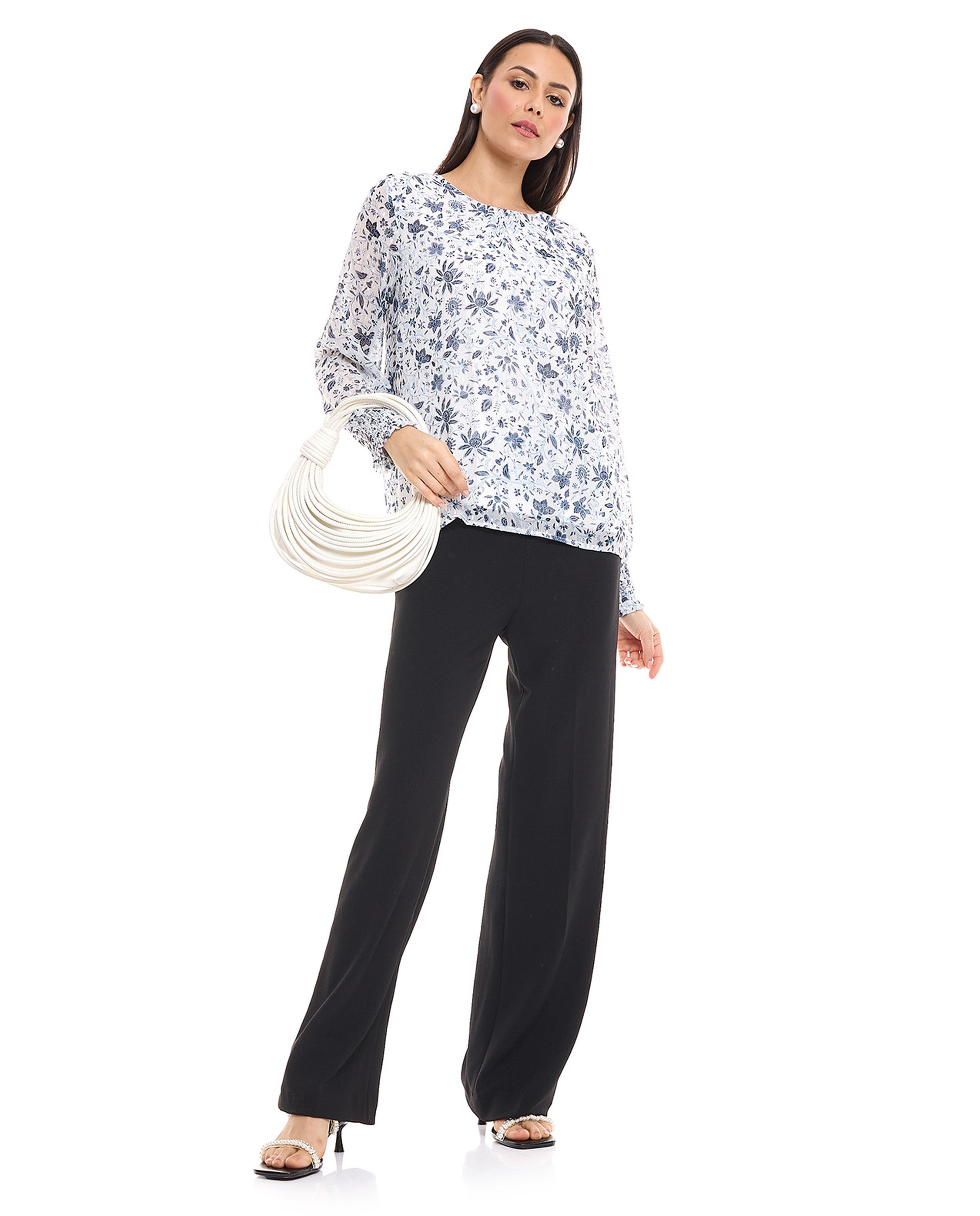 Floral Top with Crew Neck and Long Sleeves
