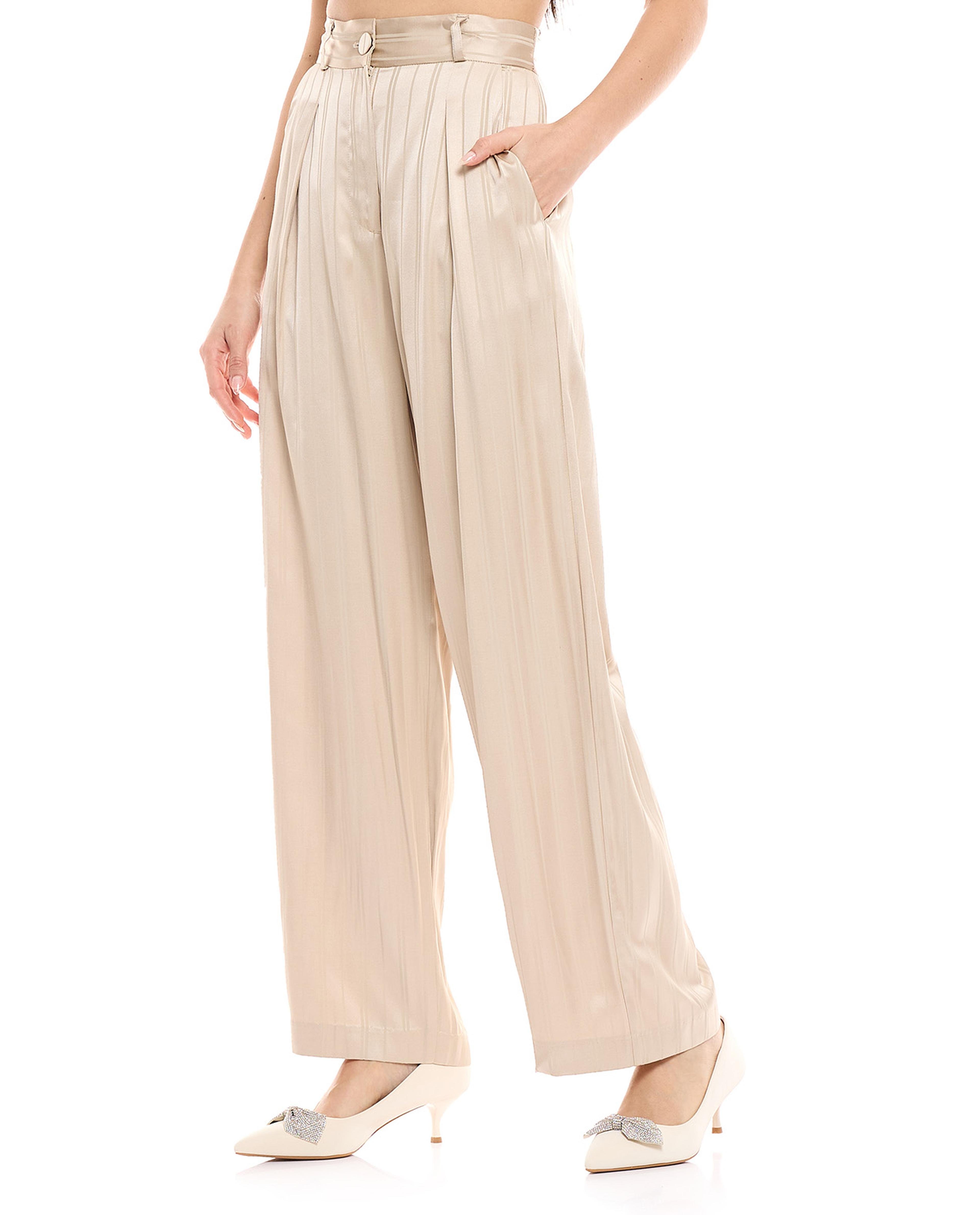 Striped Pleated Trousers with Button Closure