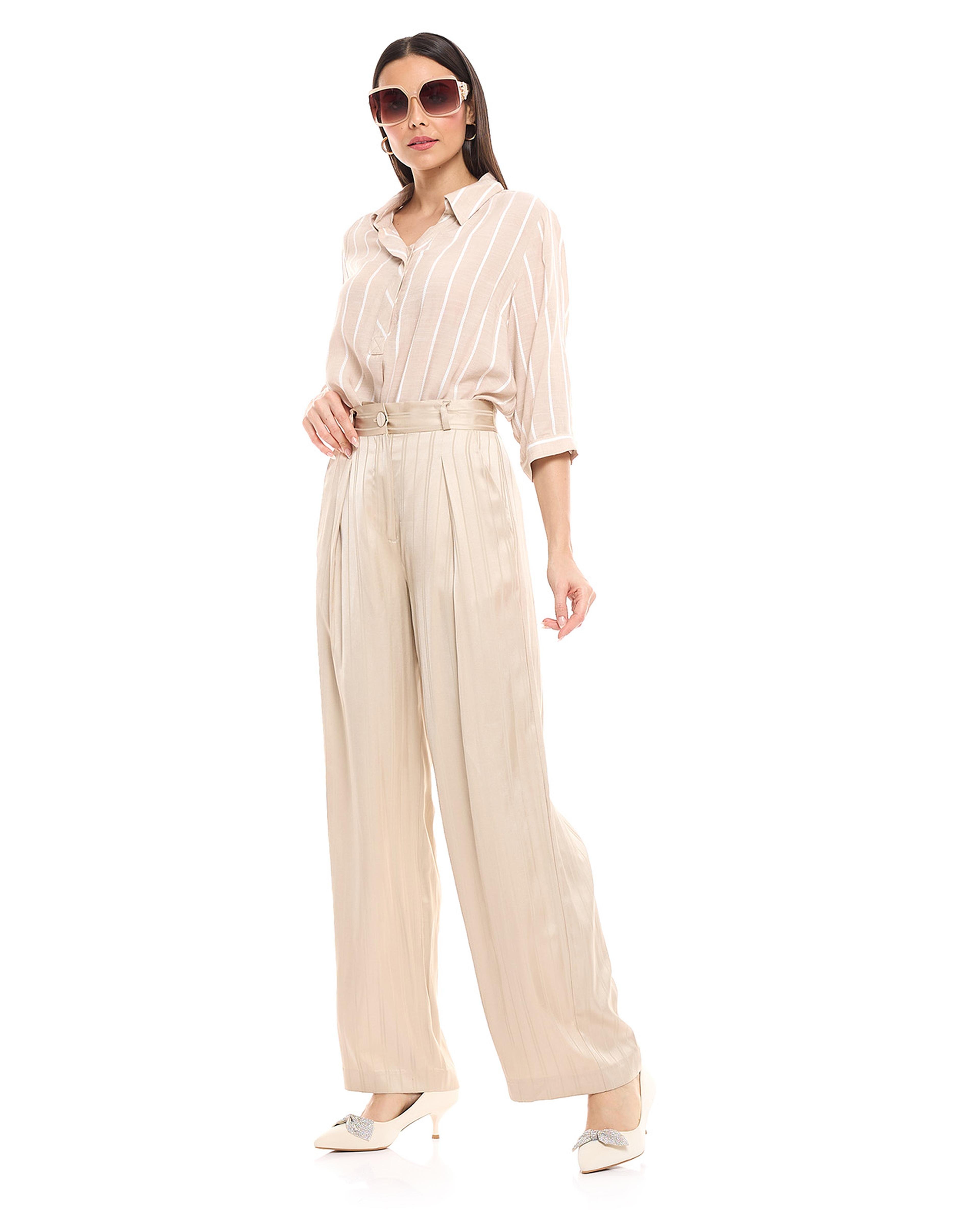 Striped Pleated Trousers with Button Closure
