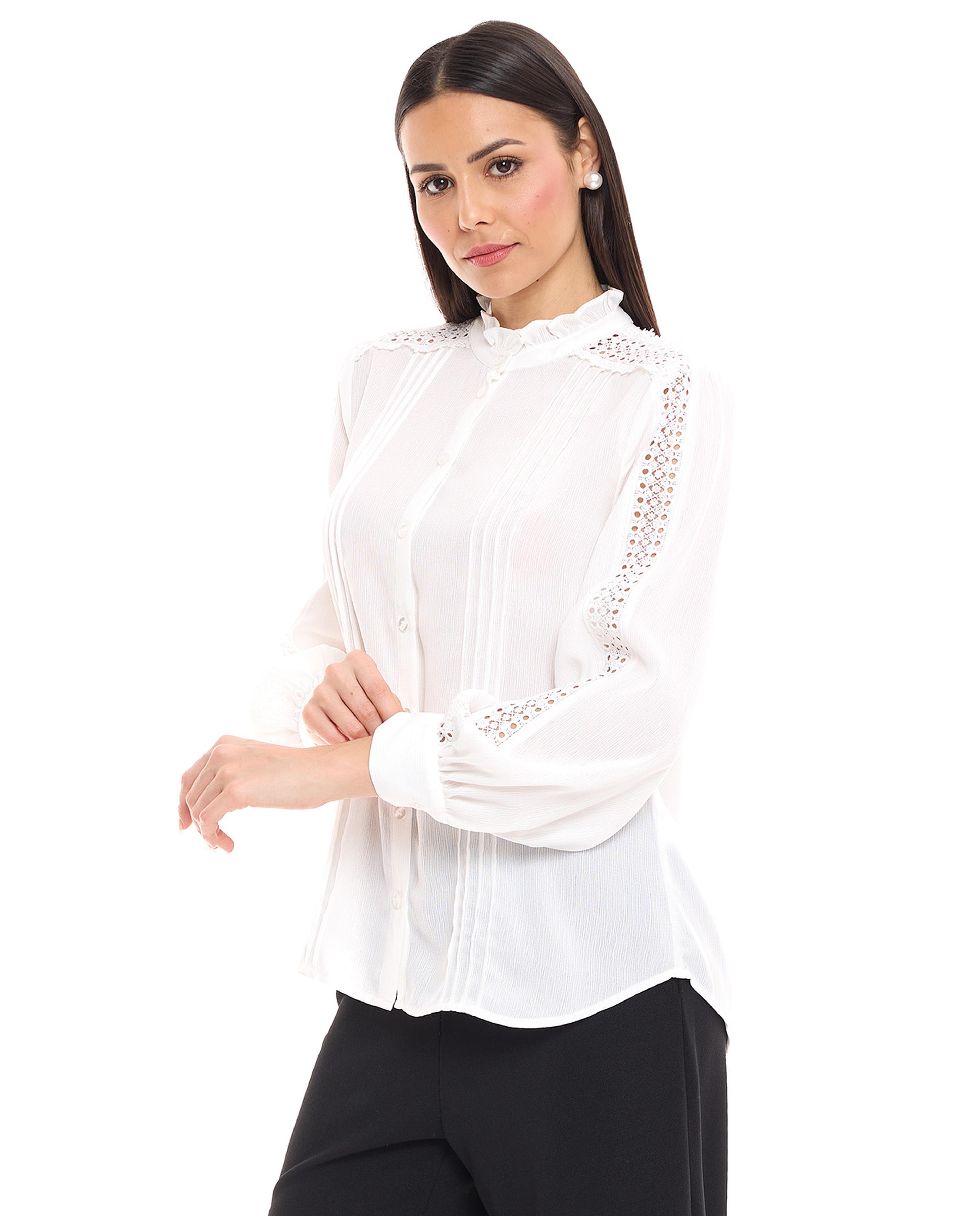 Lace Trim Top with Ruffle Neck and Bishop Sleeves