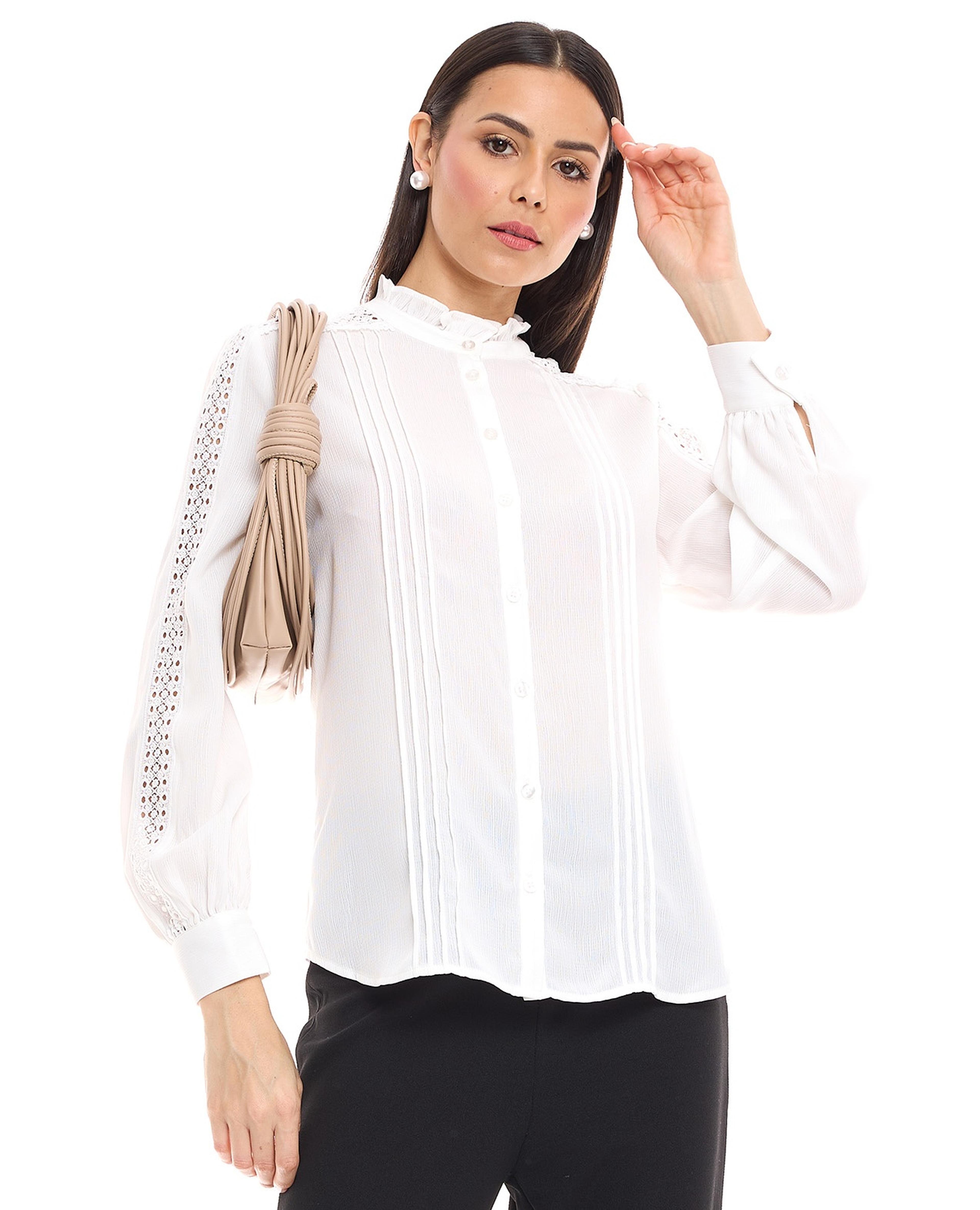 Lace Trim Top with Ruffle Neck and Bishop Sleeves