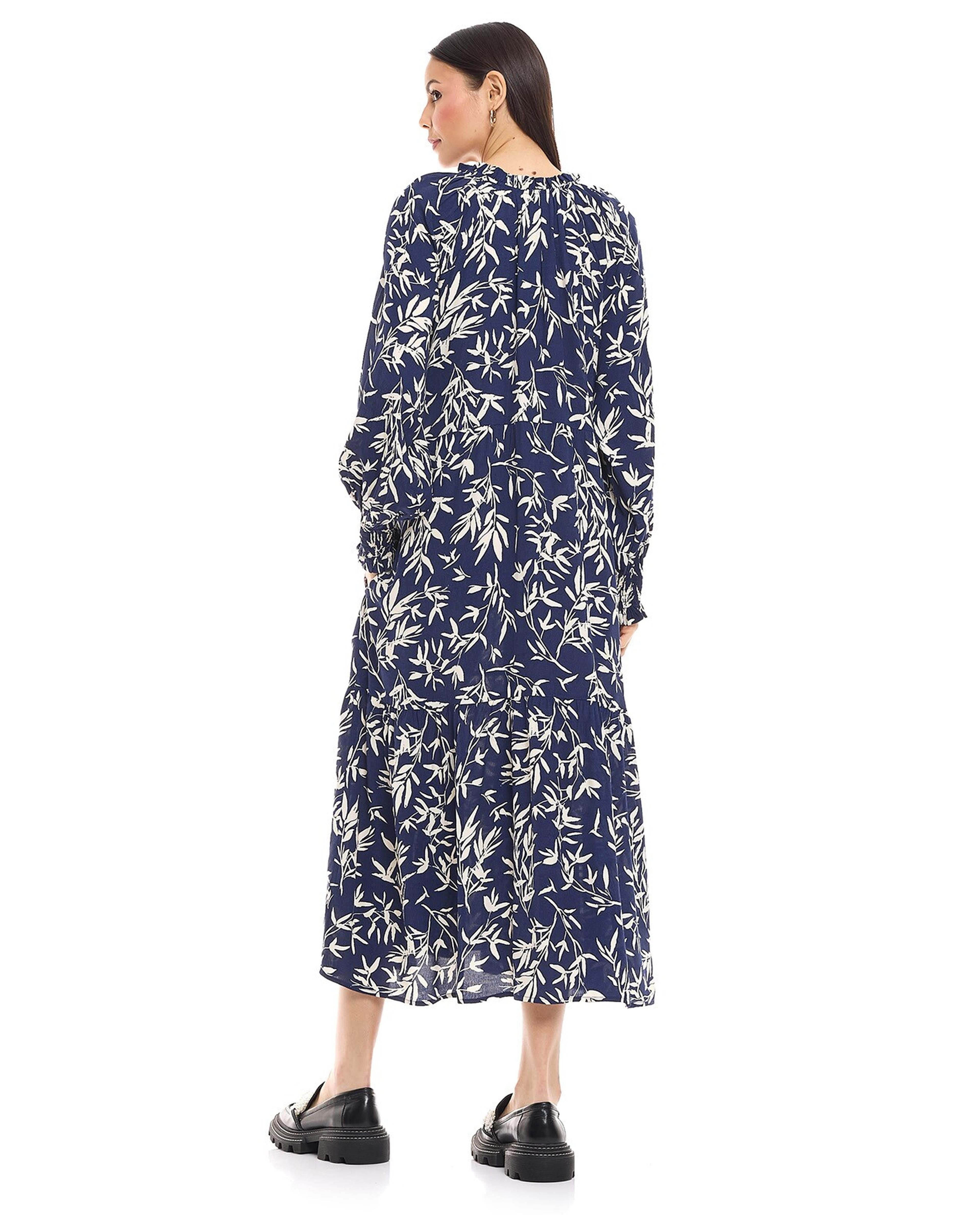 Floral Print A-Line Dress with V-Neck and Puff Sleeves