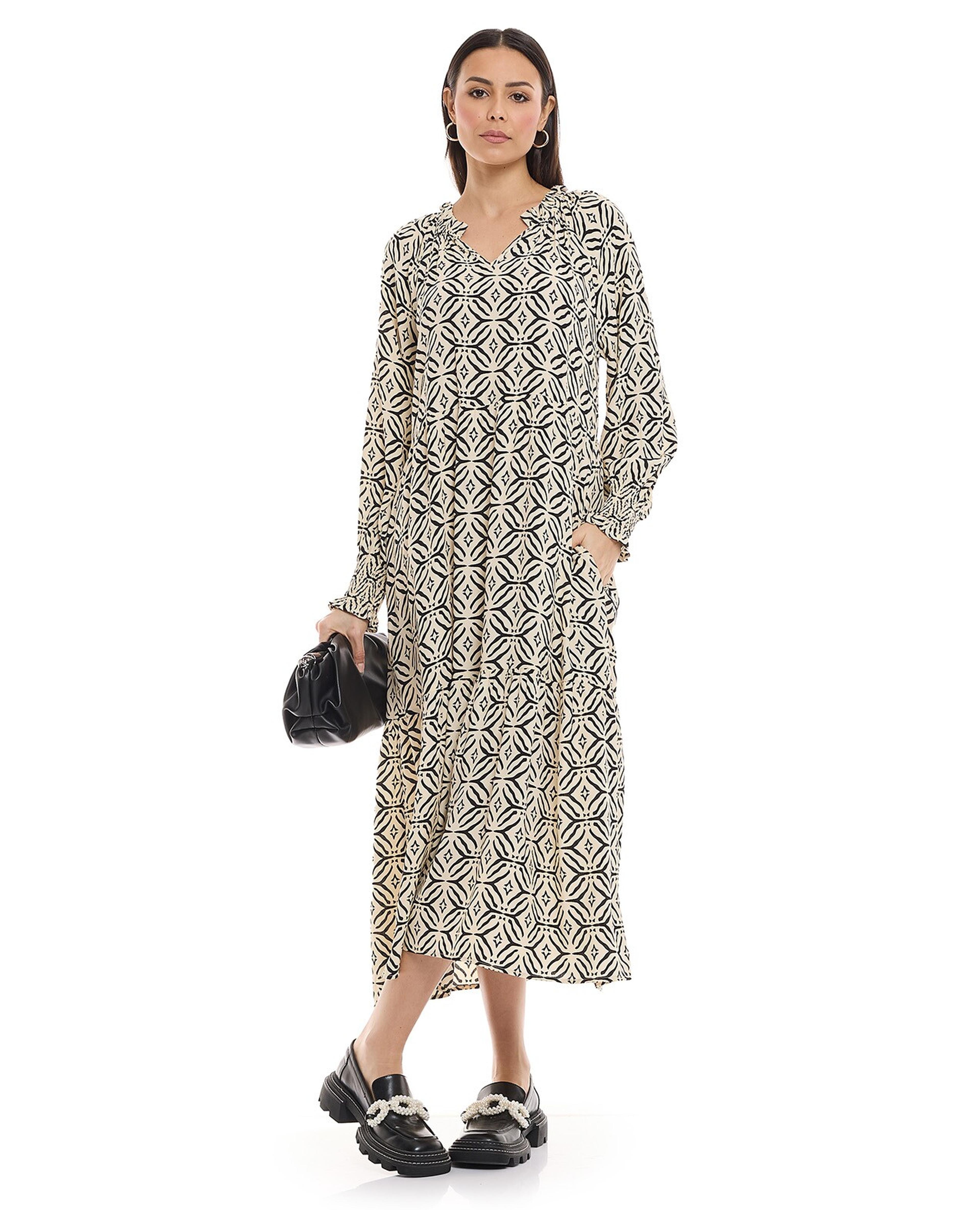 Patterned A-Line Dress with V-Neck and Puff Sleeves