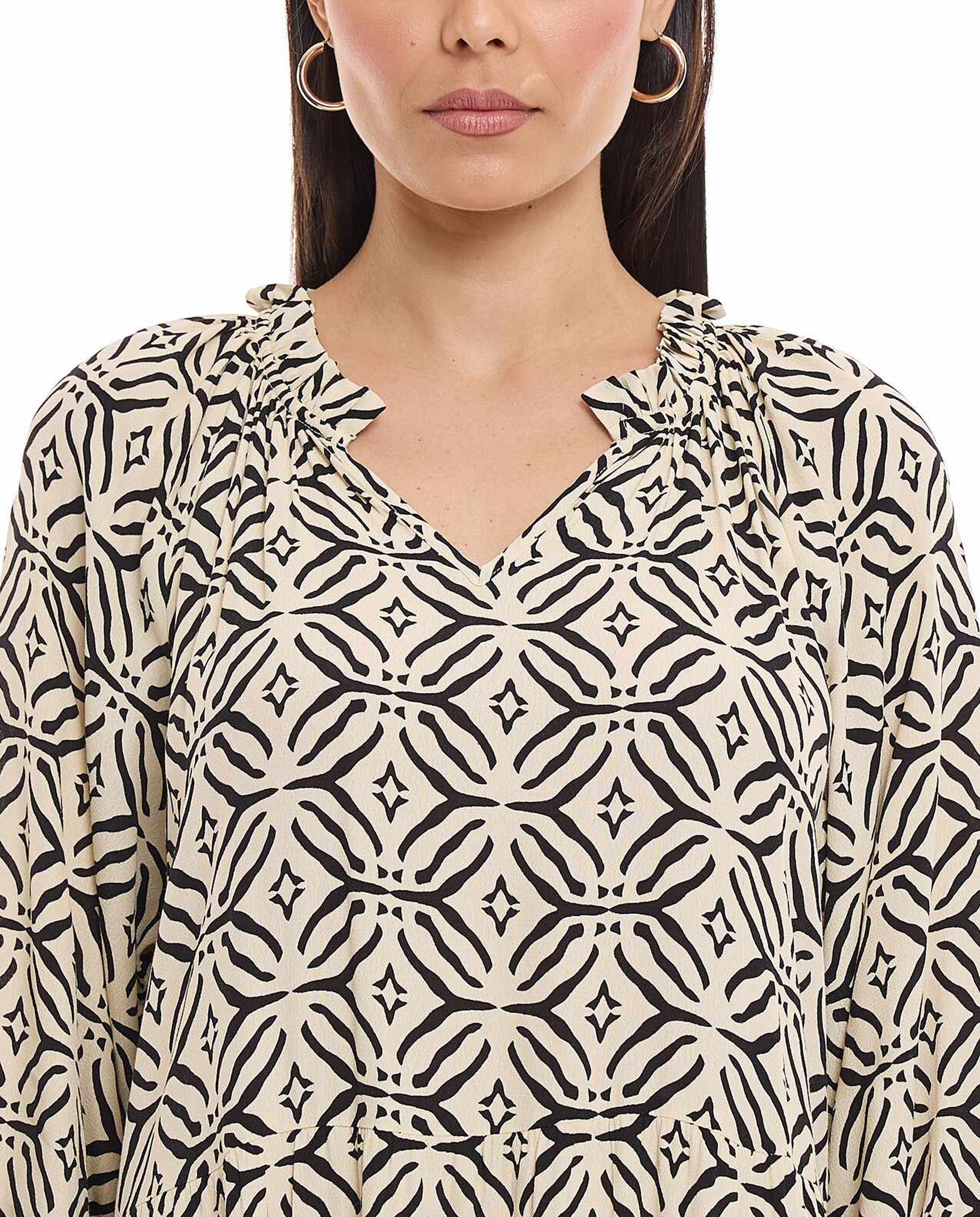 Patterned A-Line Dress with V-Neck and Puff Sleeves