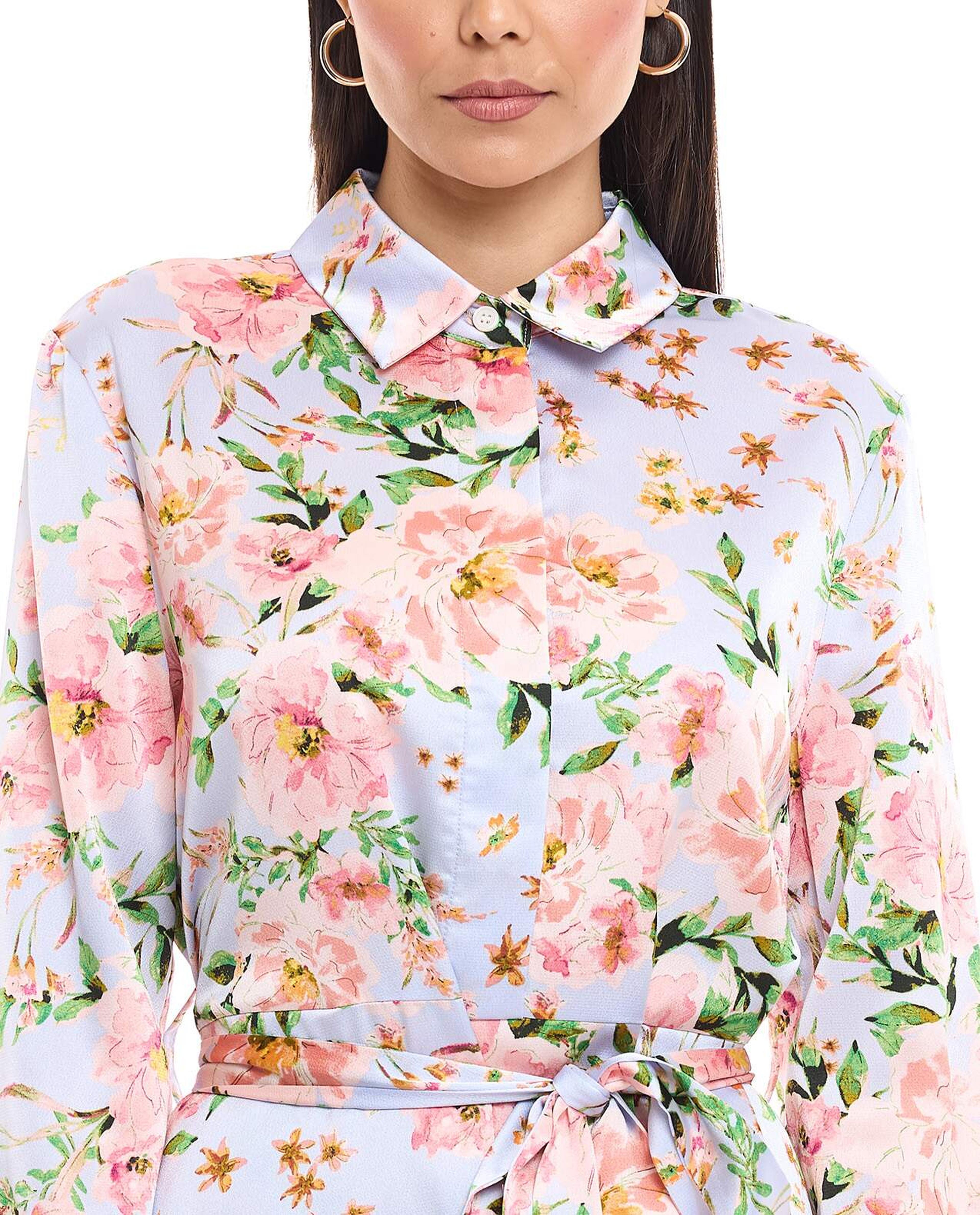 Floral Print Shirt Dress with Tie Waist