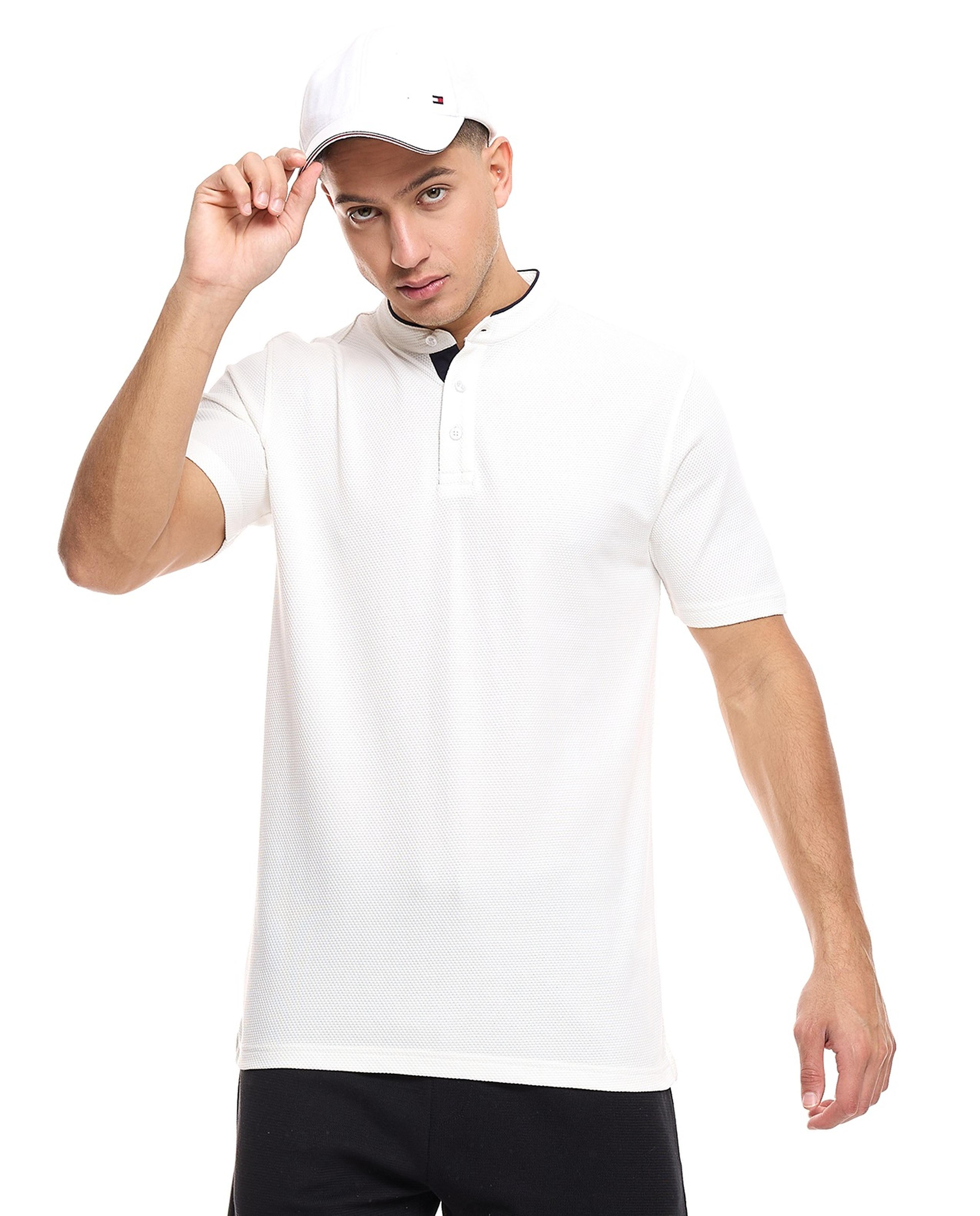 Solid T-Shirt with Stand Collar and Short Sleeves