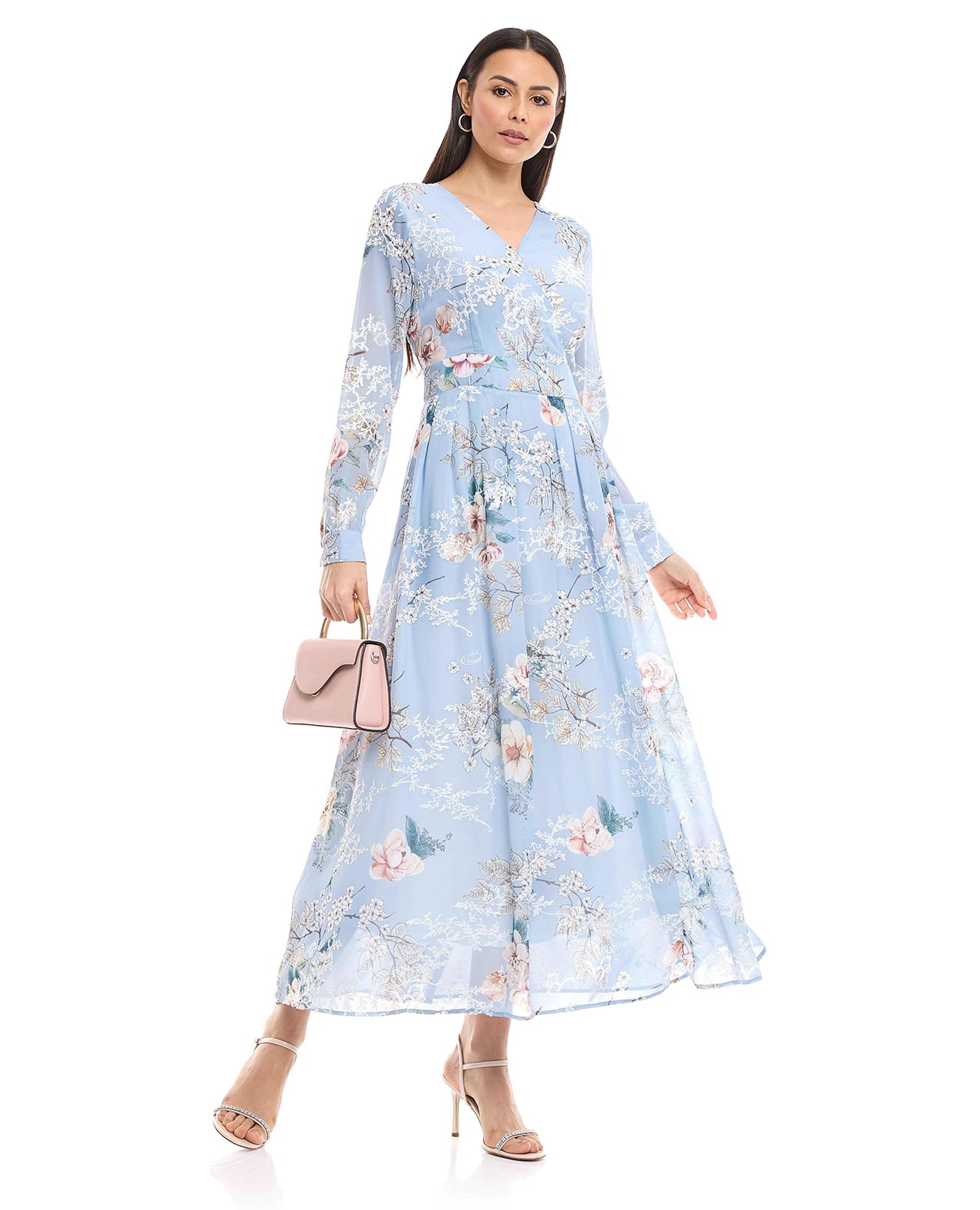 Floral Print Flared Dress with V-Neck and Long Sleeves