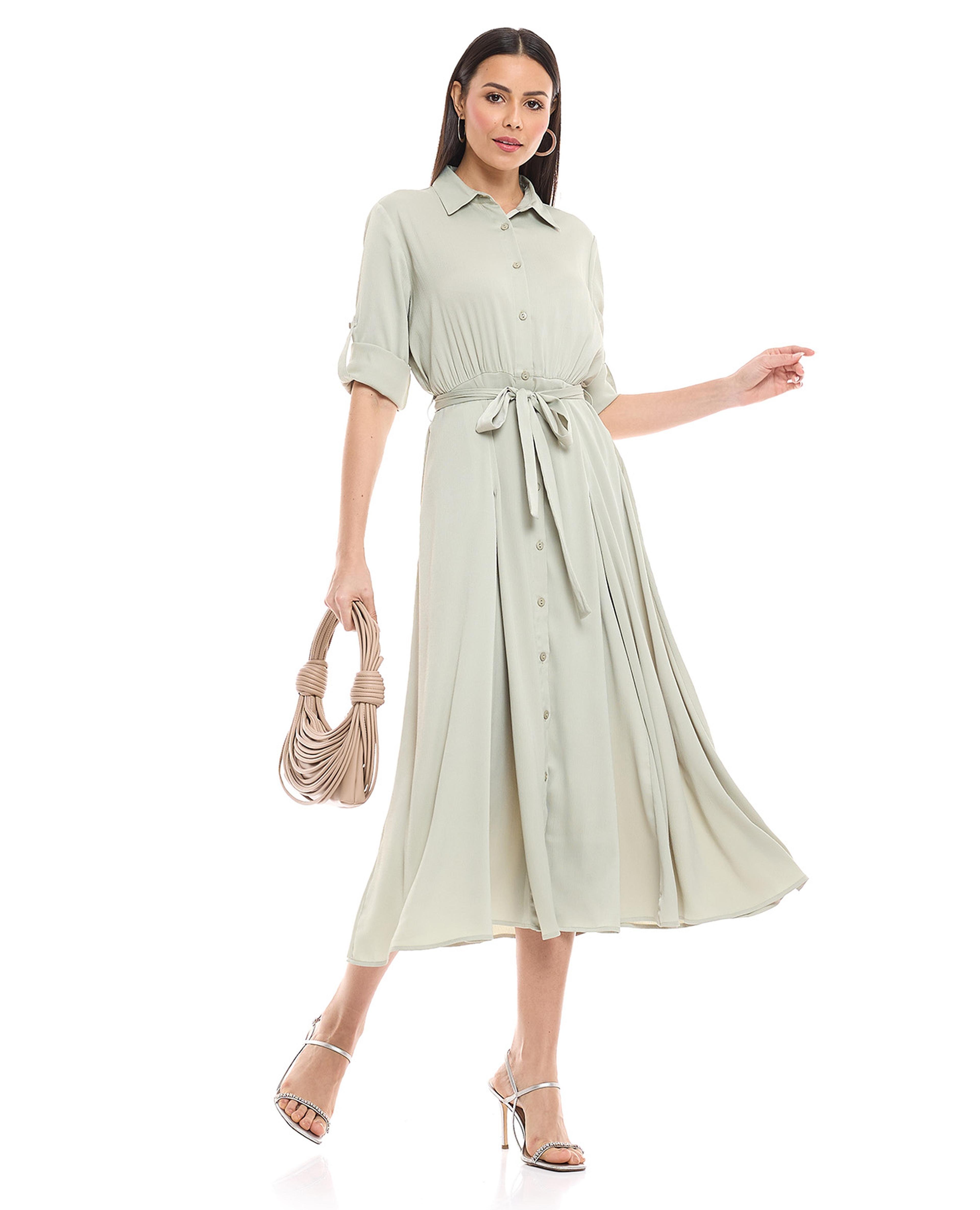 Solid Shirt Dress with Tie Waist