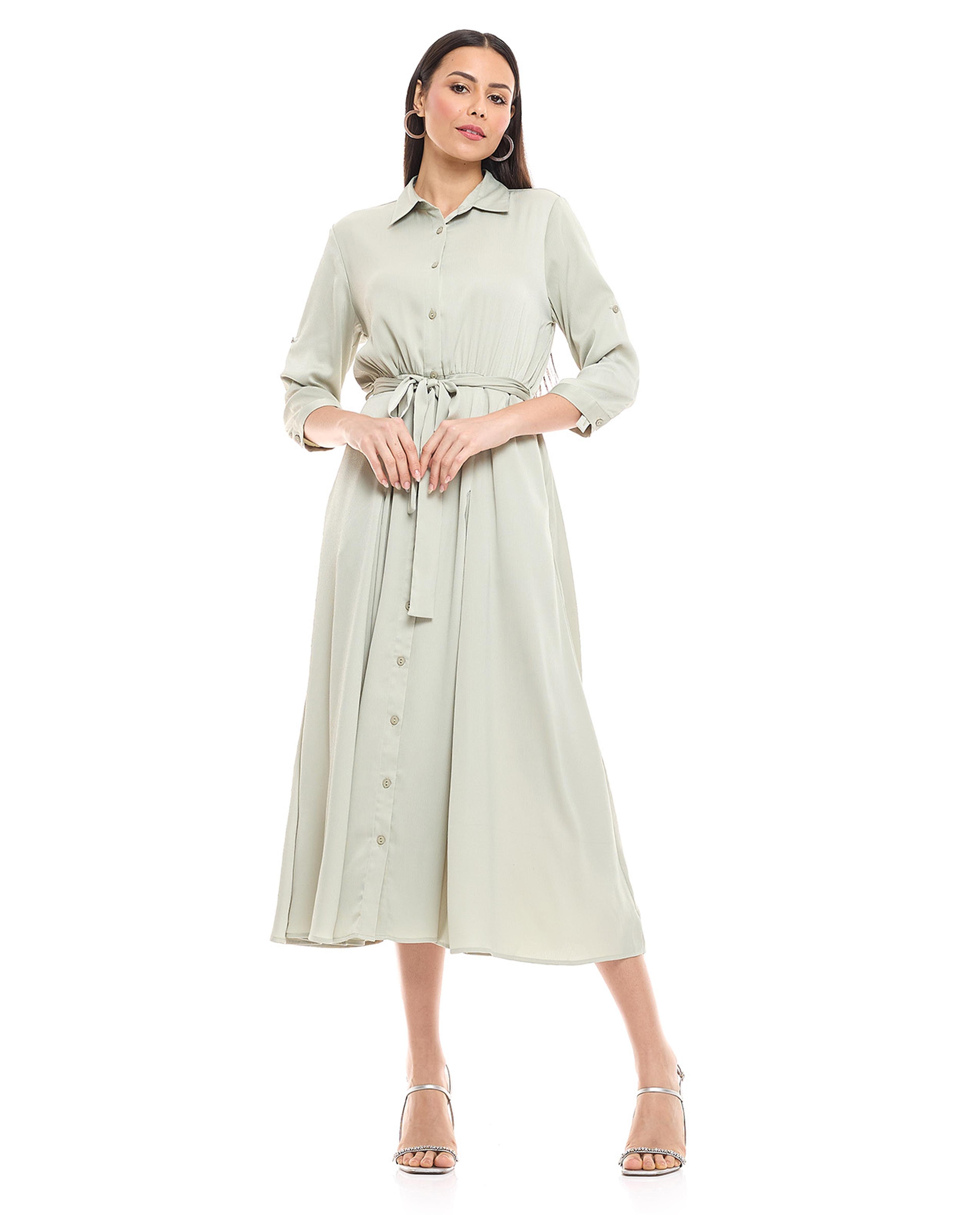 Solid Shirt Dress with Tie Waist