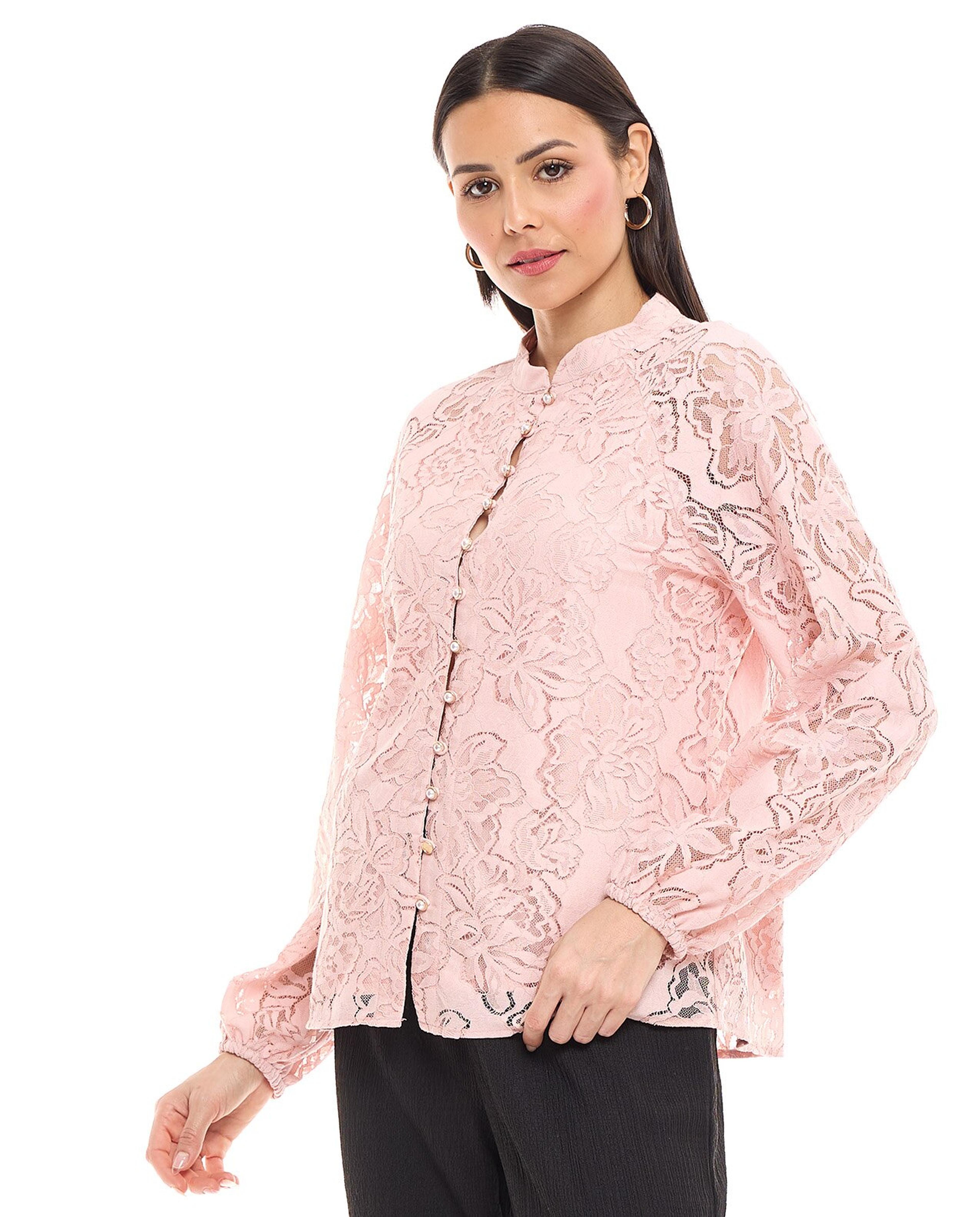 Laced with Shirt with Stand Collar and Puff Sleeves