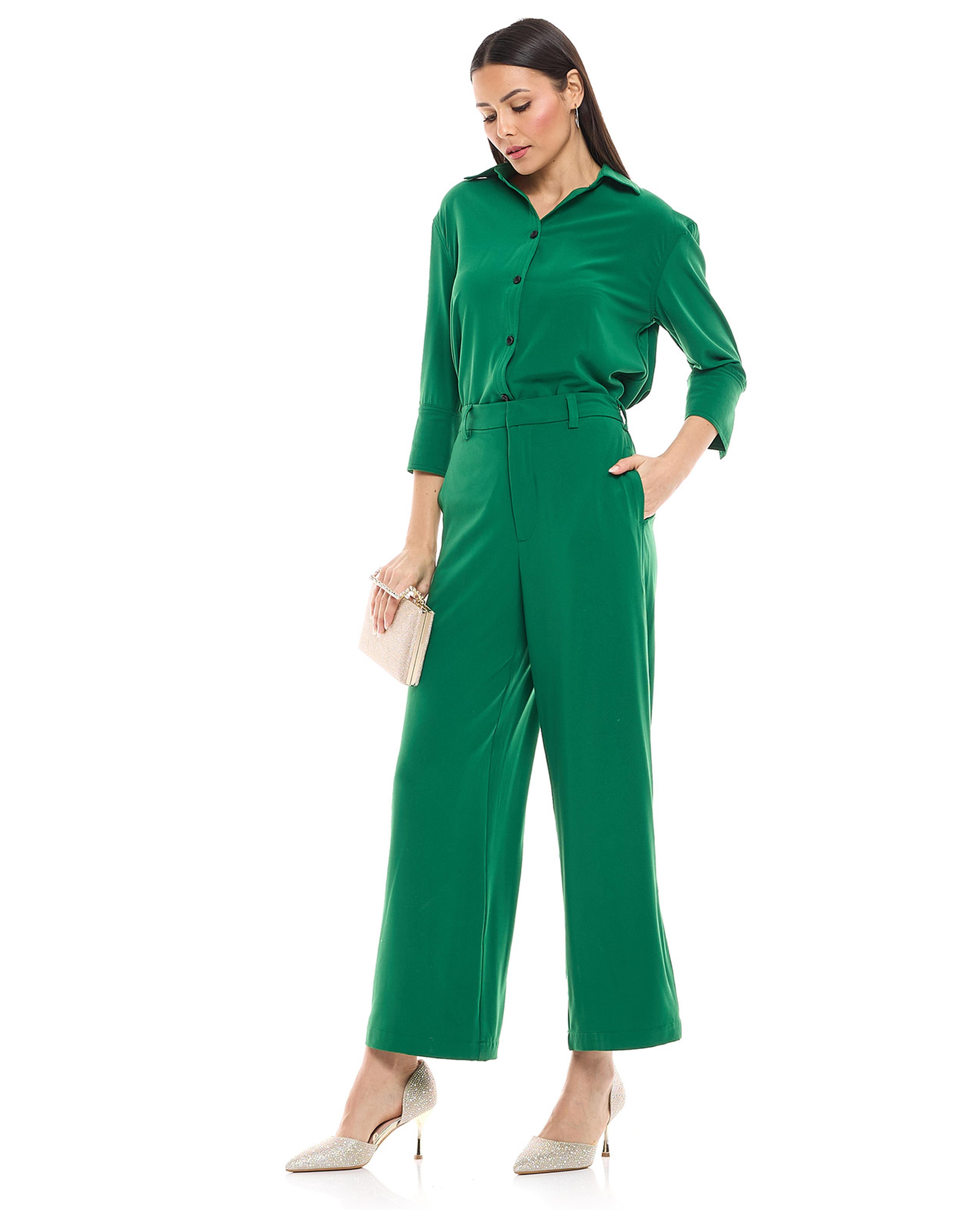 Solid Wide Leg Trousers with Button Closure
