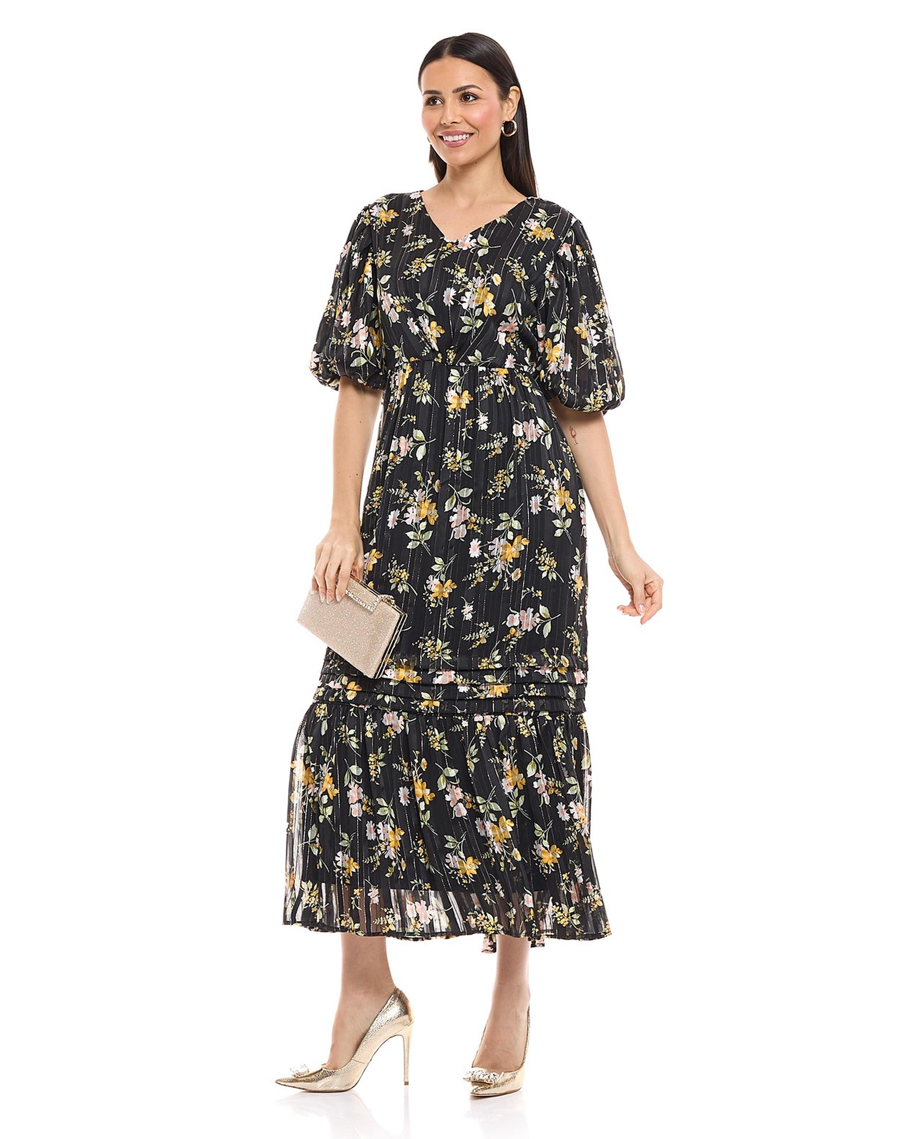 Floral Print Midaxi Dress with V-Neck and Balloon Sleeves