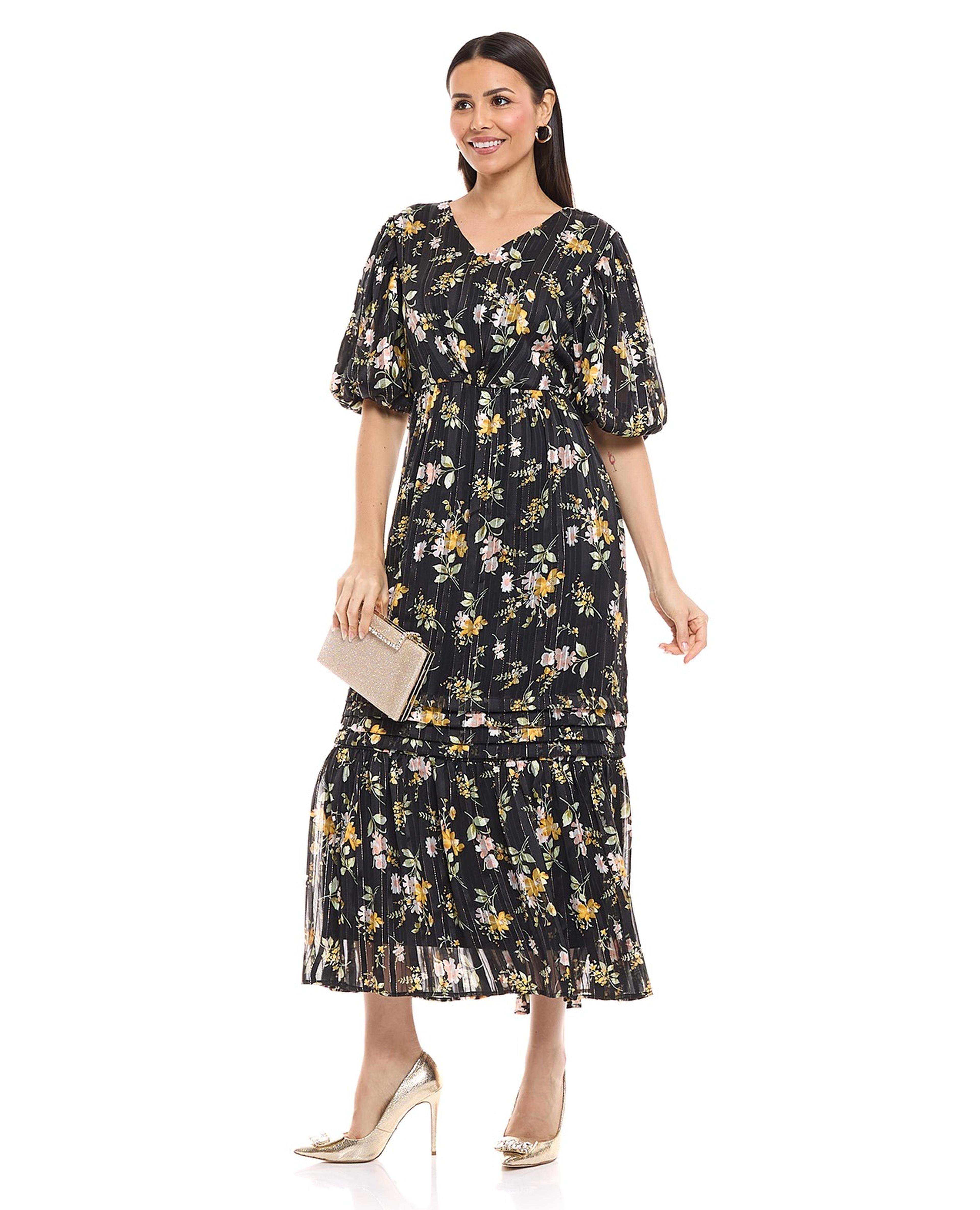 Floral Print Midaxi Dress with V-Neck and Balloon Sleeves