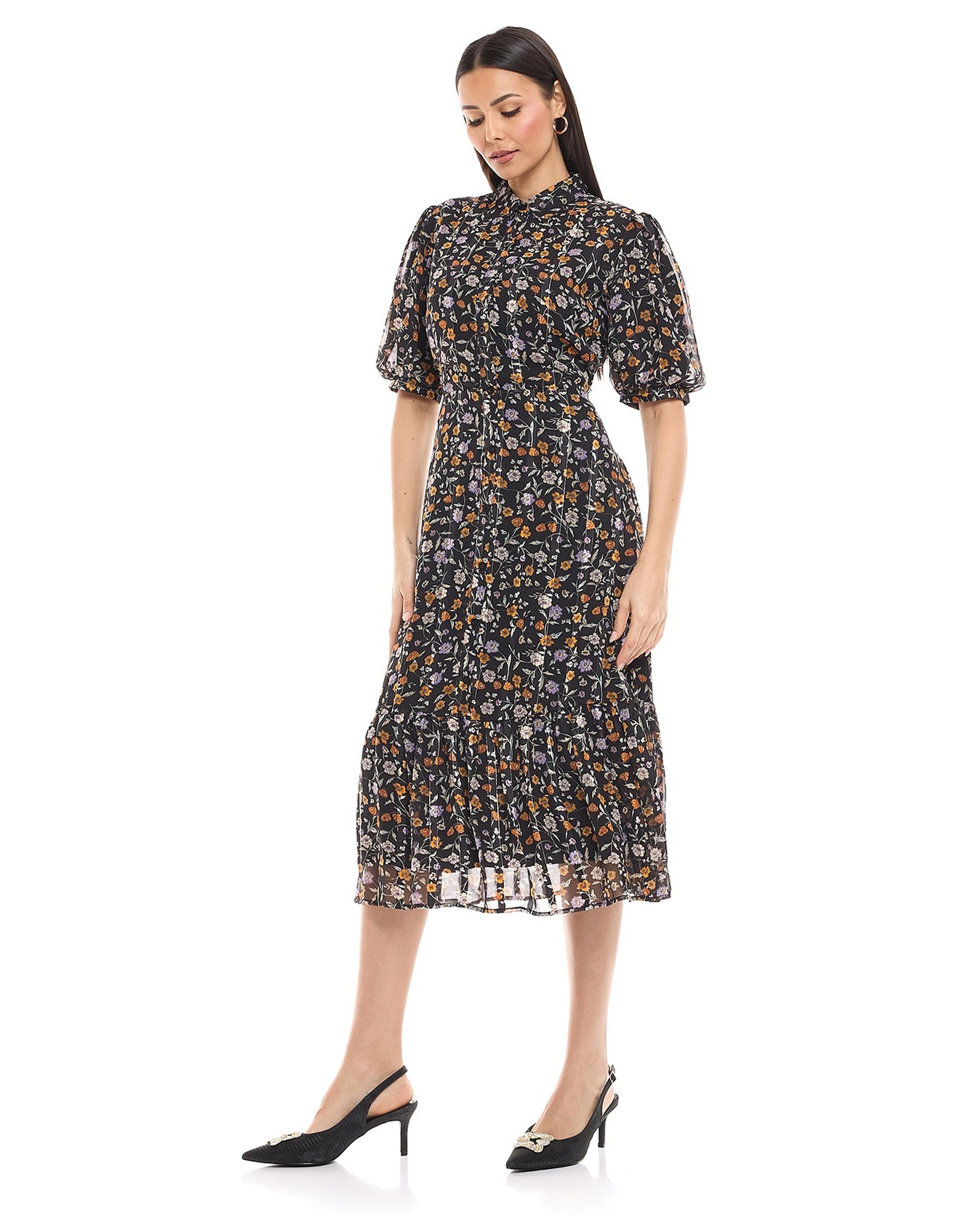Floral Print Shirt Dress with Flared Sleeves