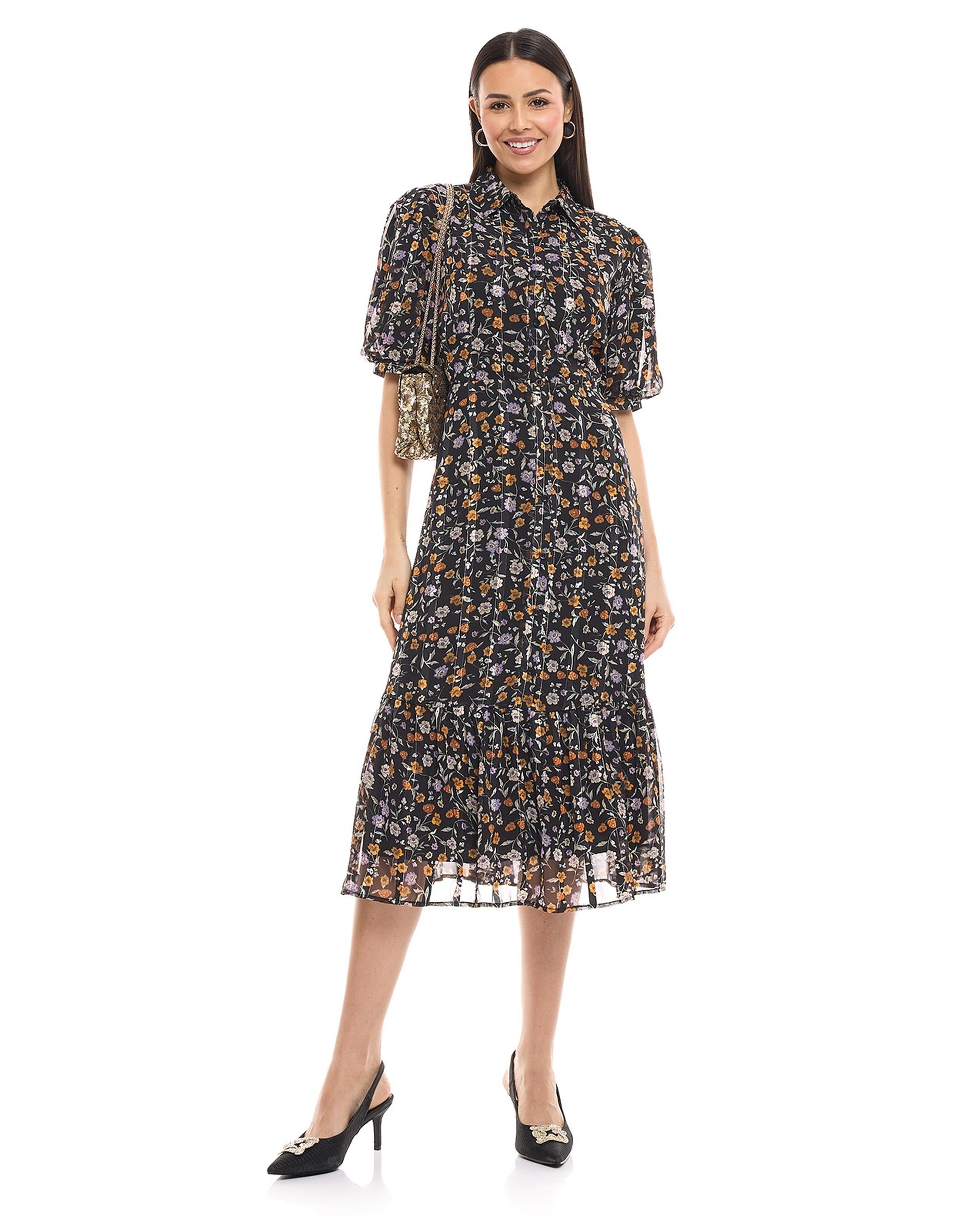 Floral Print Shirt Dress with Flared Sleeves
