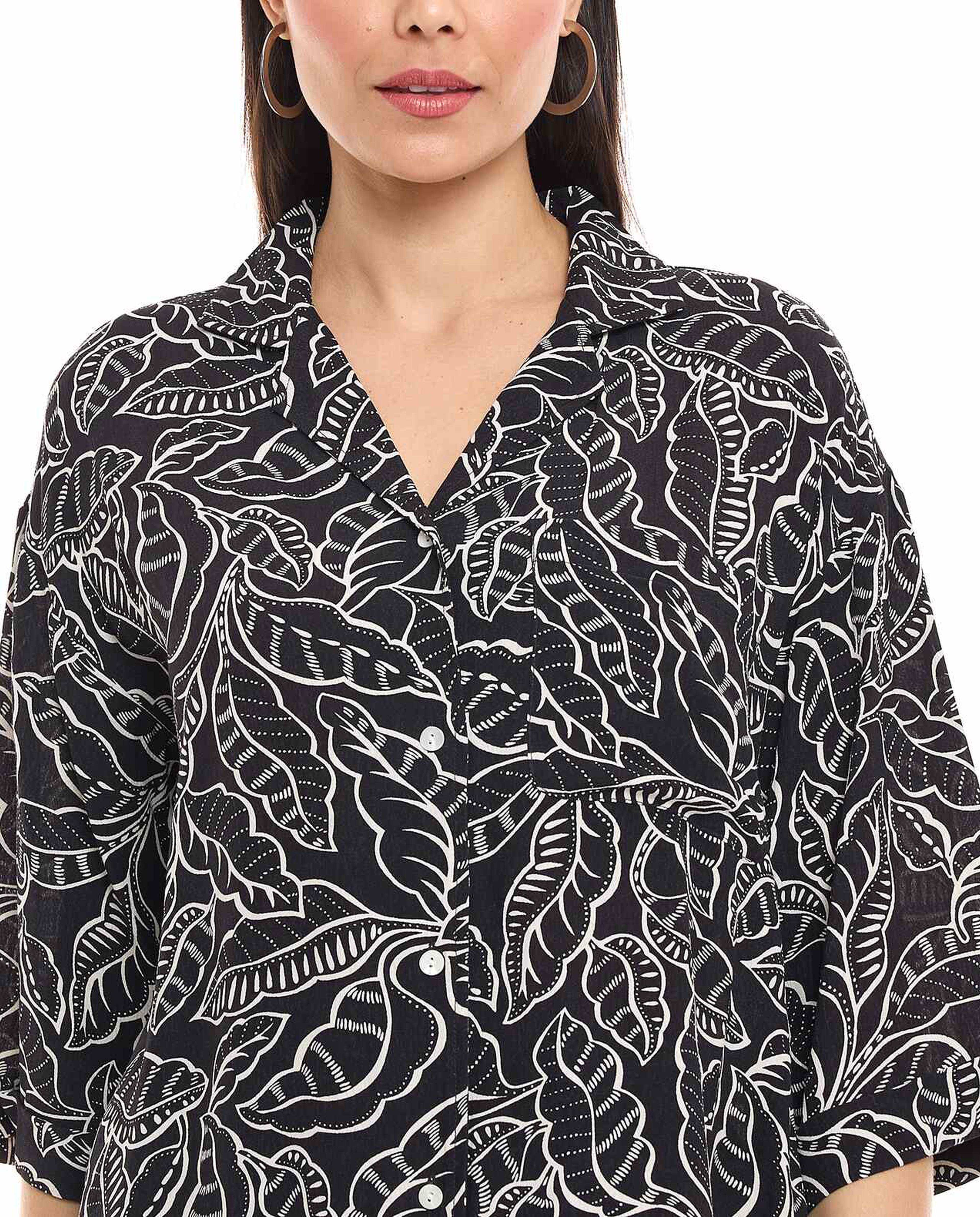 Patterned Shirt with Spread Collar and 3/4 Sleeves