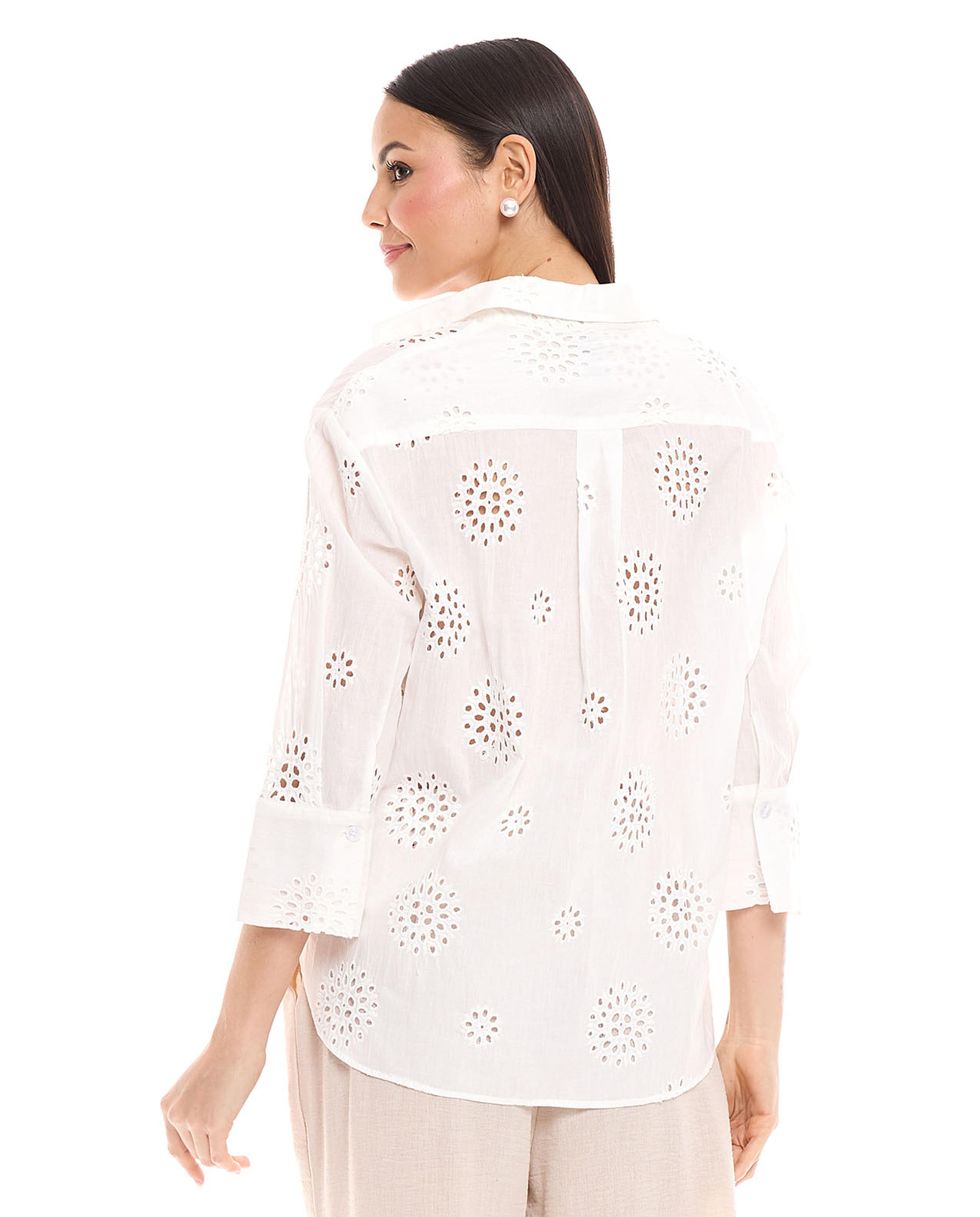 Openwork Shirt with Spread Collar and 3/4 Sleeves