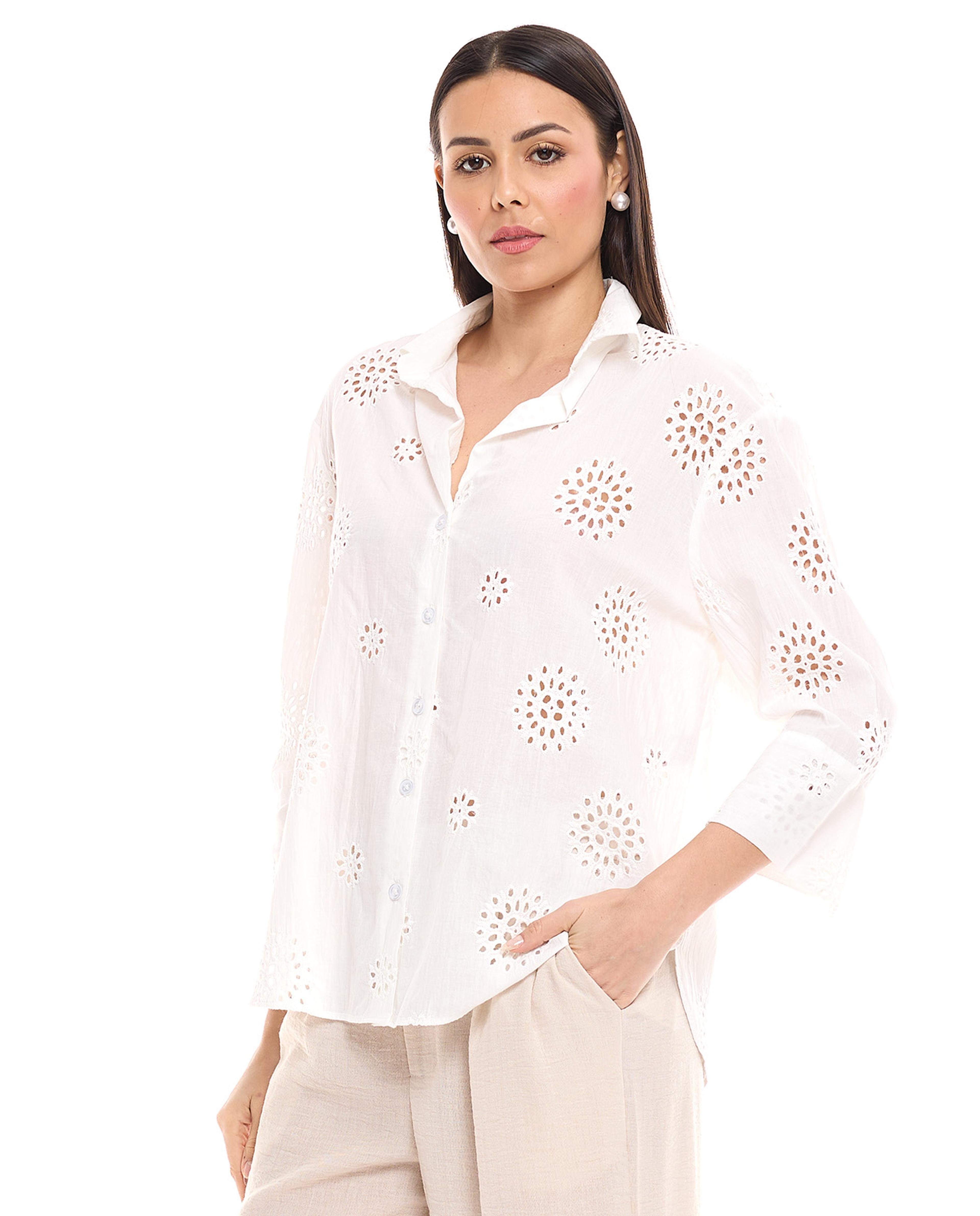 Openwork Shirt with Spread Collar and 3/4 Sleeves
