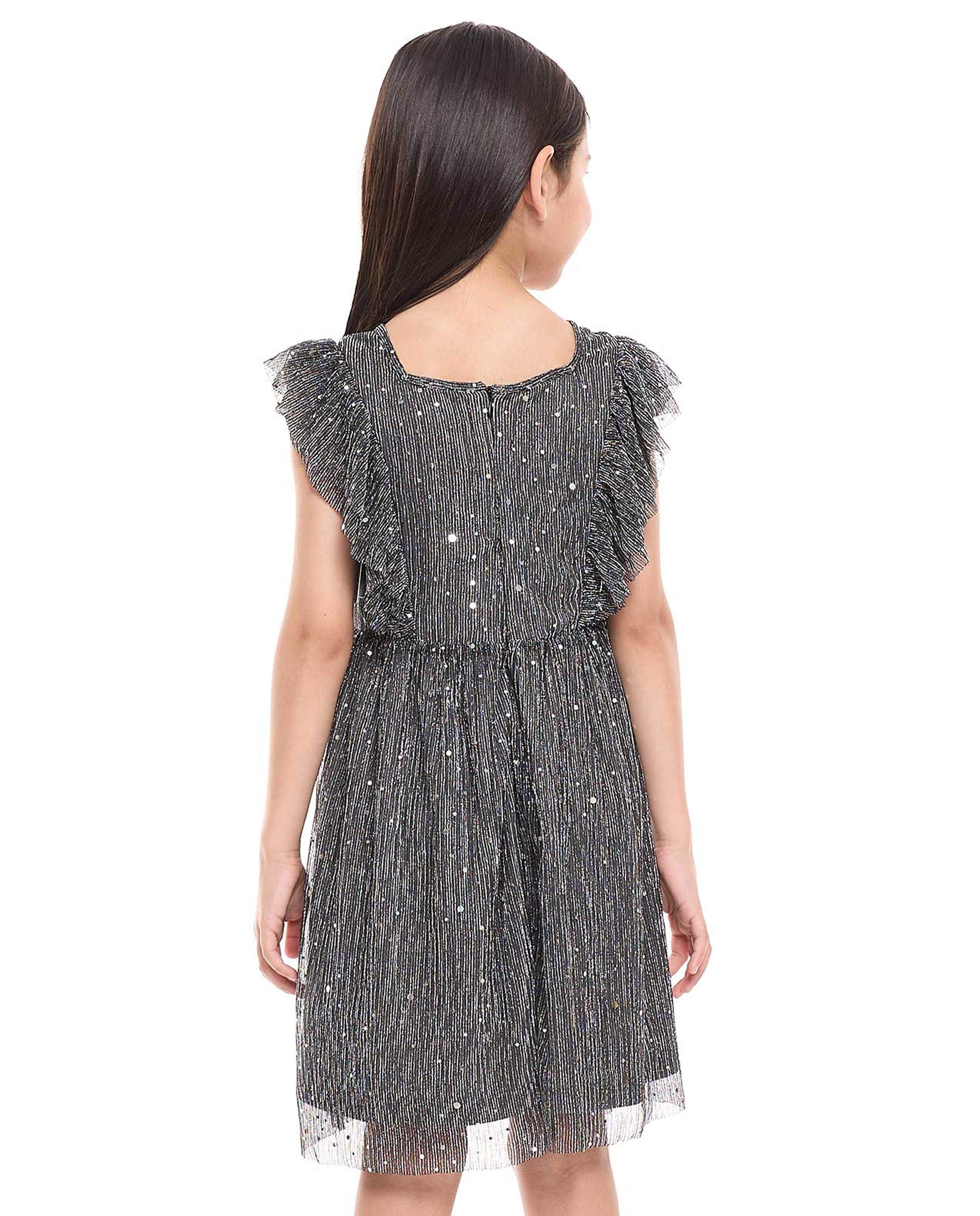 Embellished Fit and Flare Dress with Square Neck and Flutter Sleeves