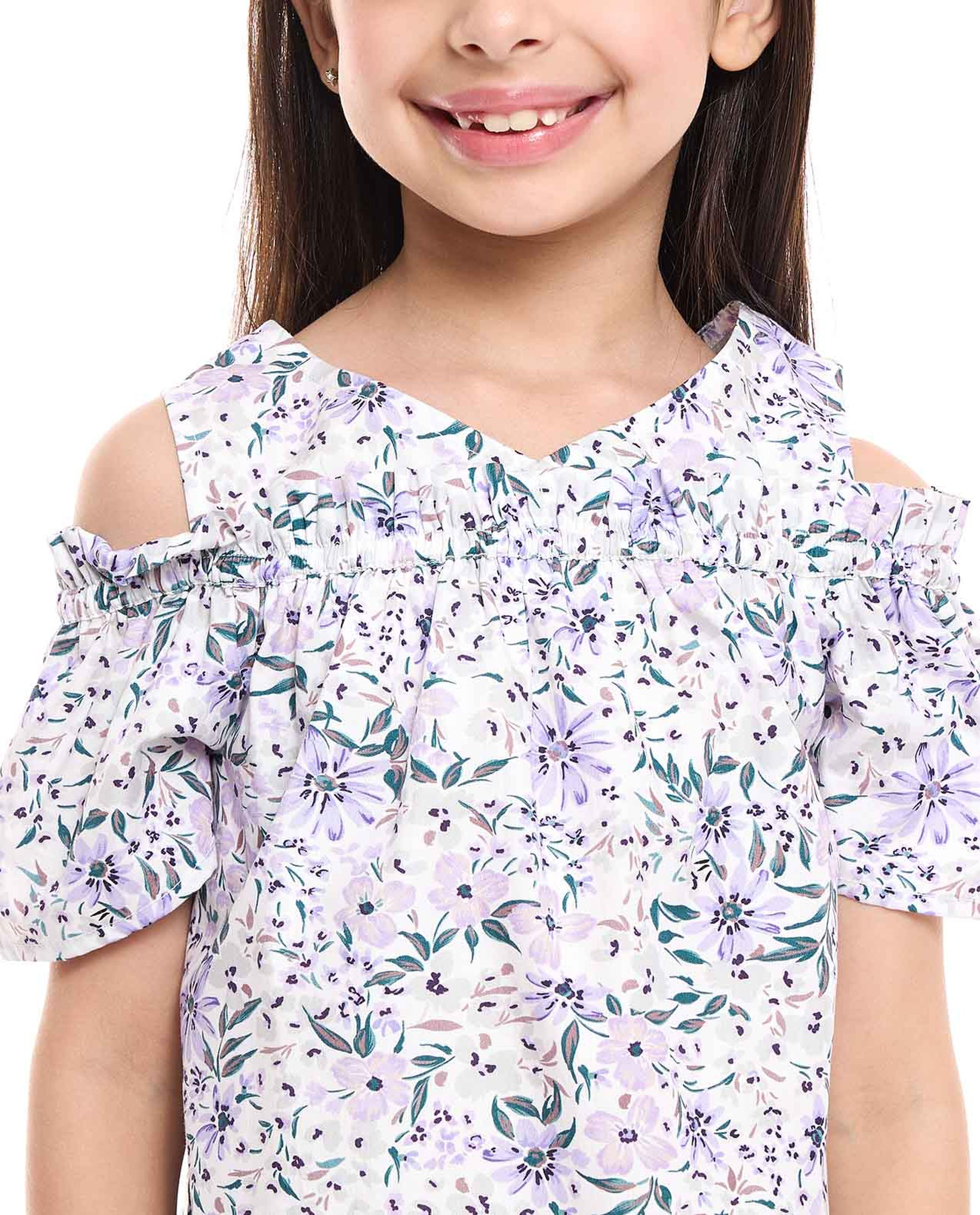 Printed Color Shoulder Top with Round Neck